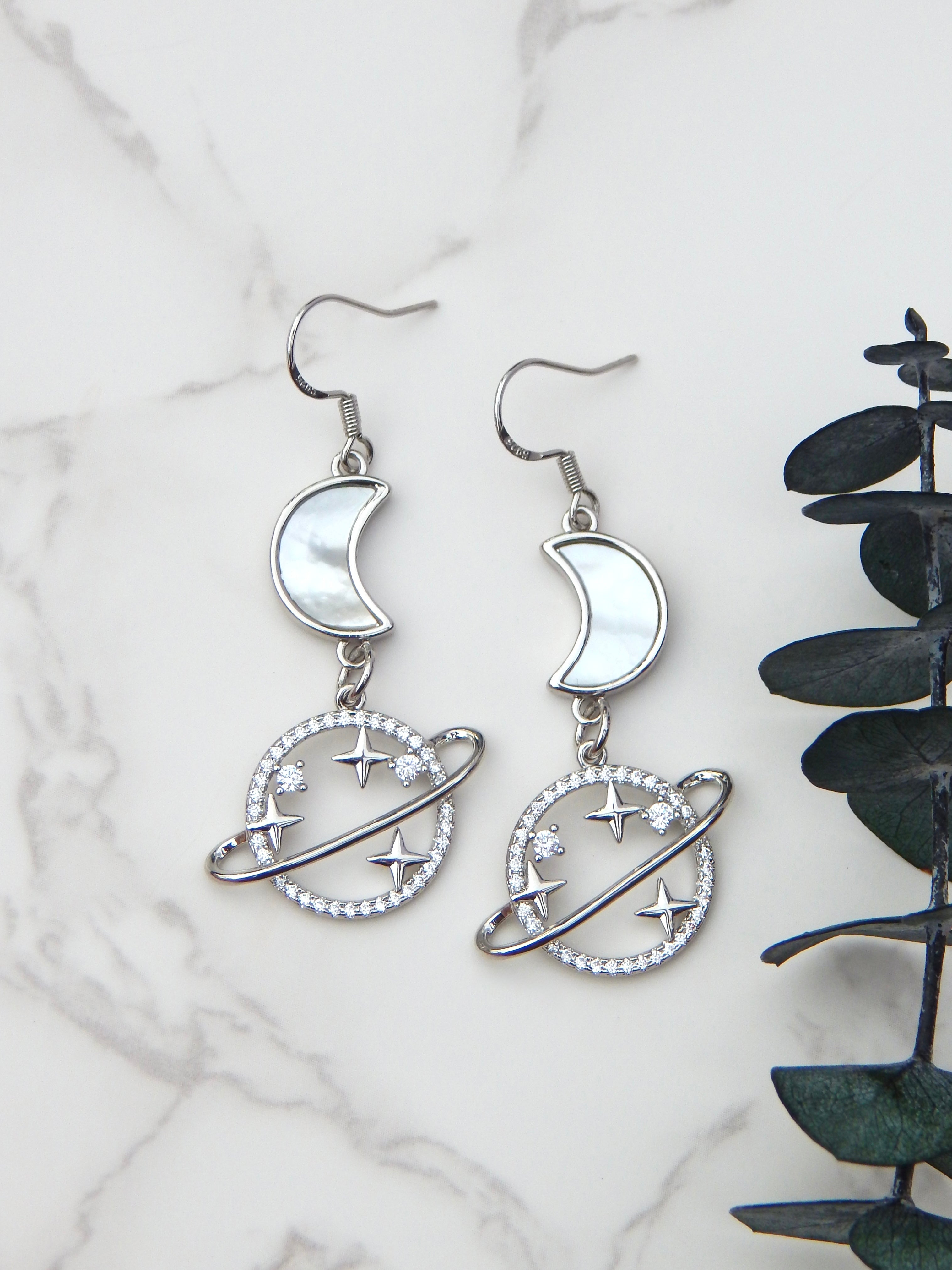 Saturn Moon Earrings – Celestial Dangles in Silver or Gold