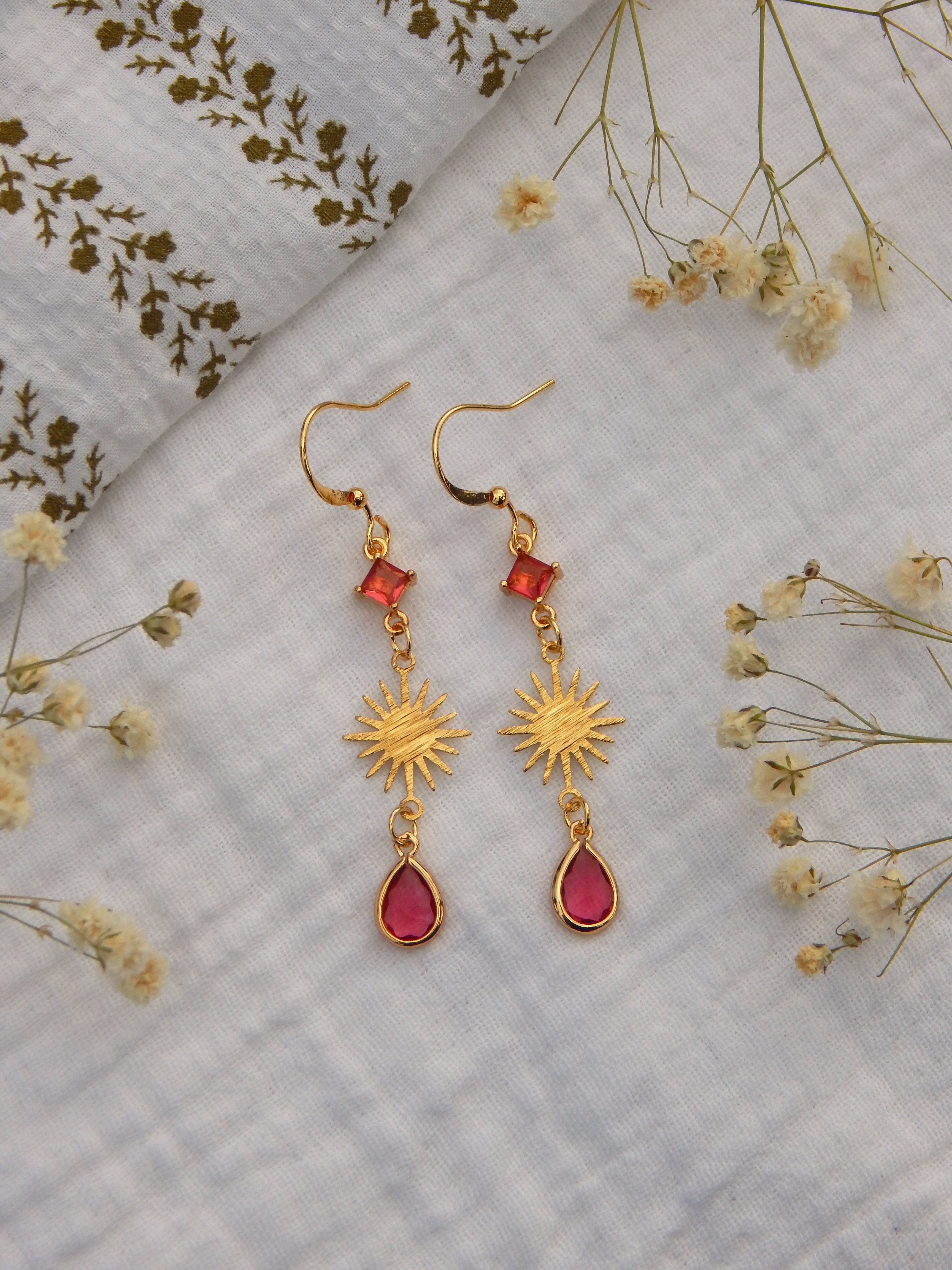 Sunburst Drop Earrings – Pink CZ Top & Pink Hardened Glass Teardrop | Raw Brass Celestial Dangles