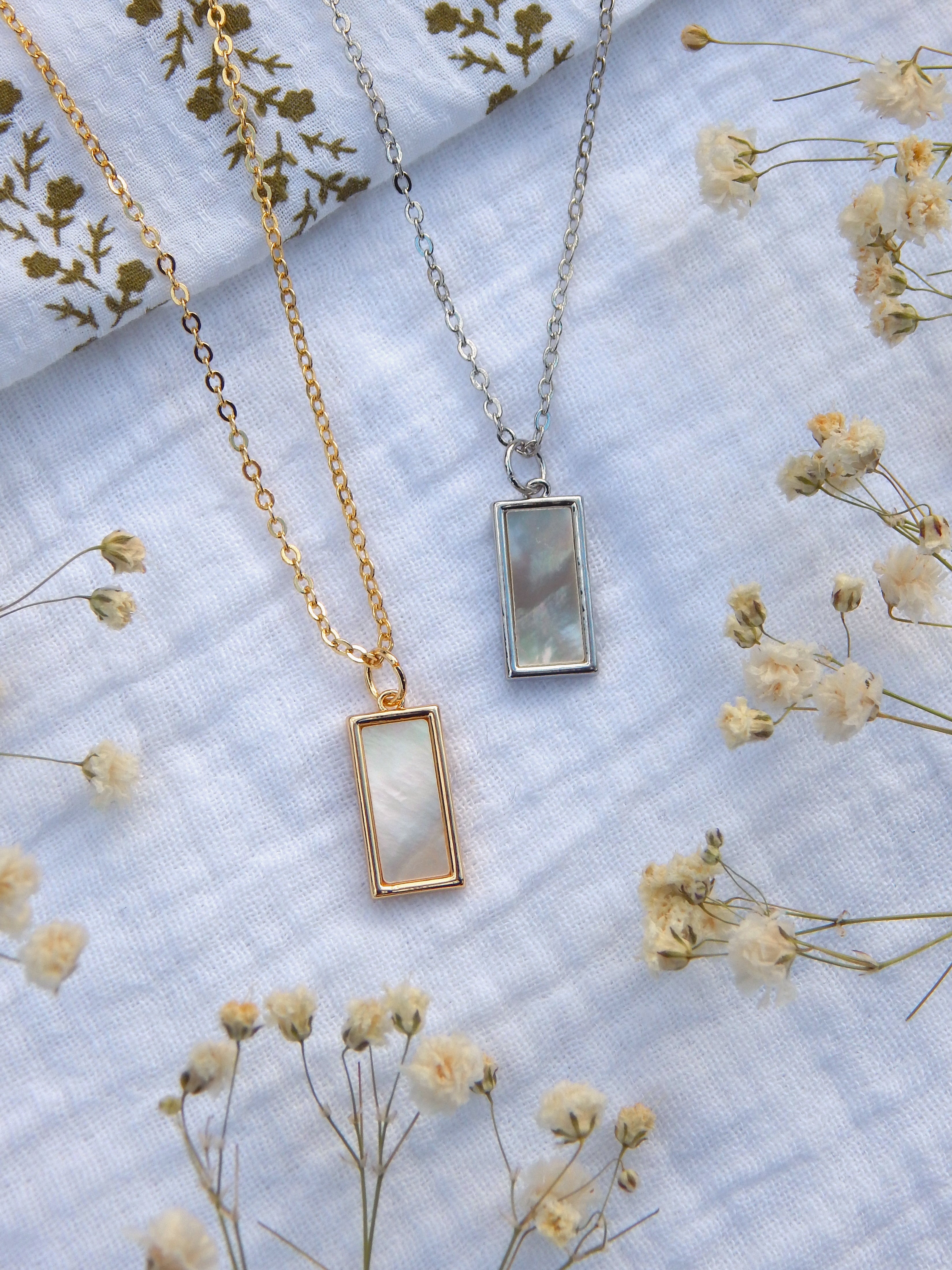Alice Necklace — Minimalist Mother of Pearl Rectangle Pendant