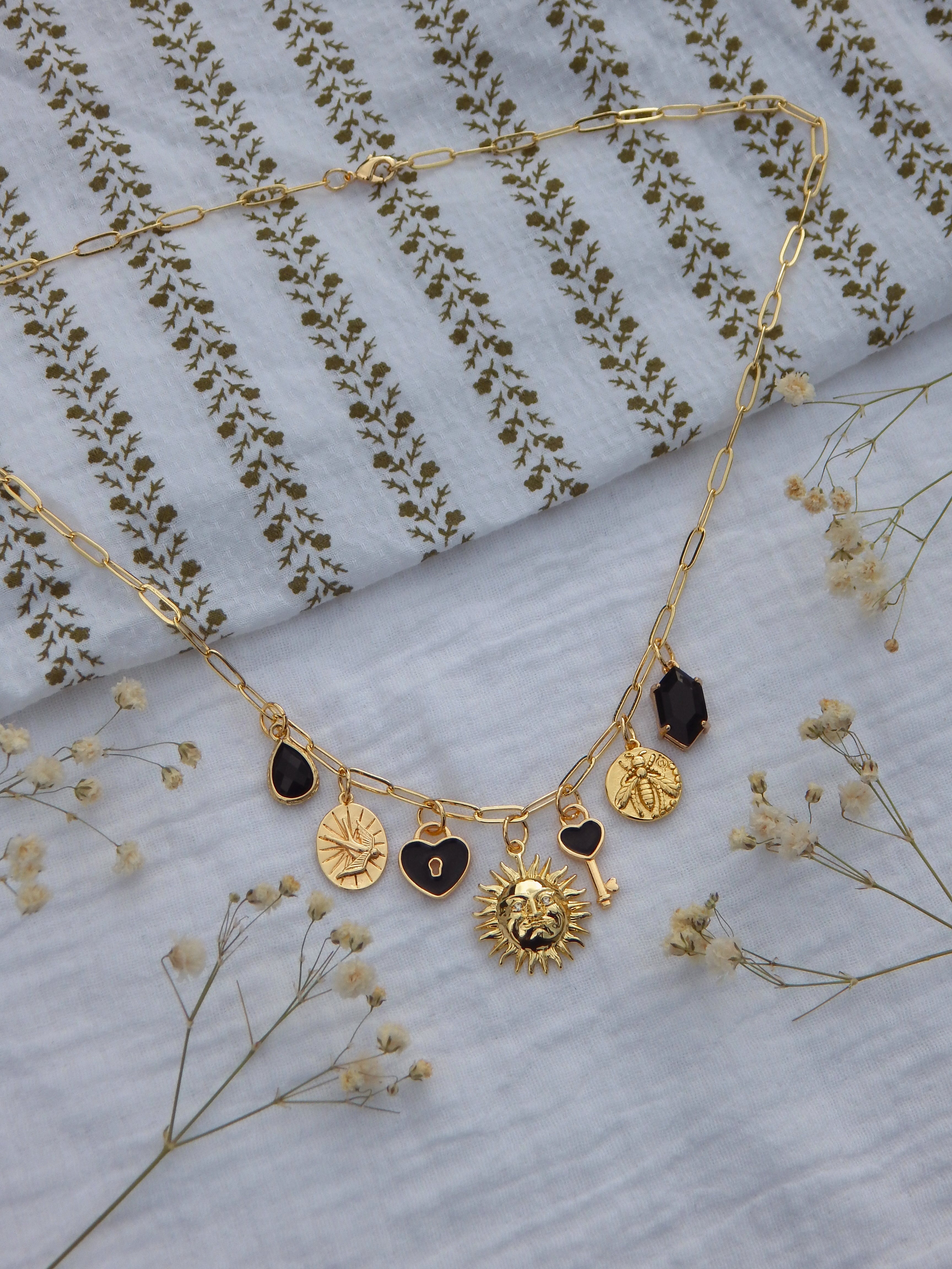 One-of-a-Kind Black Enamel Charm Necklace | Sun & Moonlock Necklace | Bee & Bird Charms | Hardened Glass Black Gemstone | 18” Gold Paperclip Chain