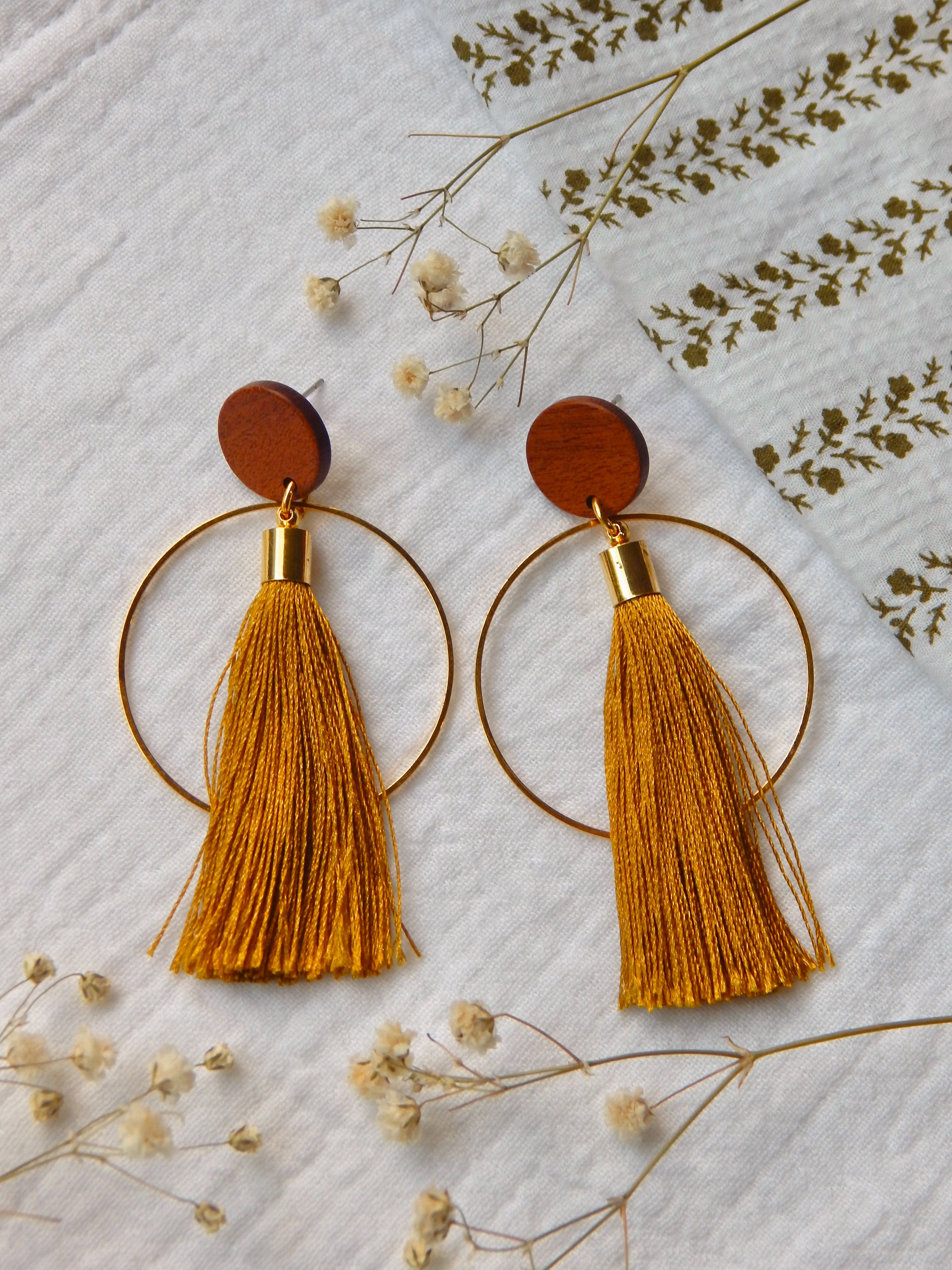 Boho Silk Tassel Statement Earrings – Mustard Yellow with 18k Gold Plated Hoops & Natural Wood Studs