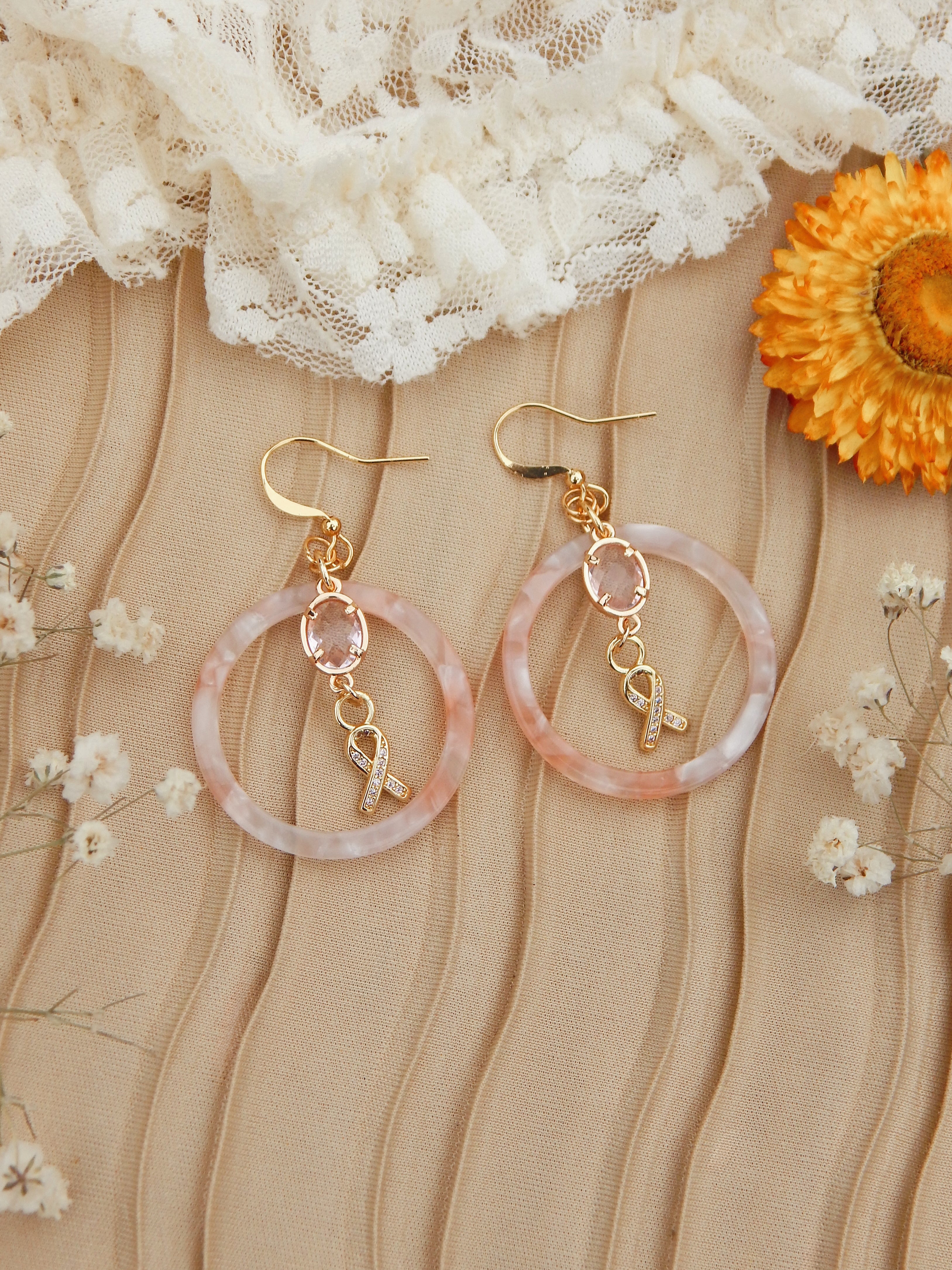 Sunshine Strength Hoop Earrings – Pink Resin Hoops with Awareness Ribbon & Cubic Zirconia