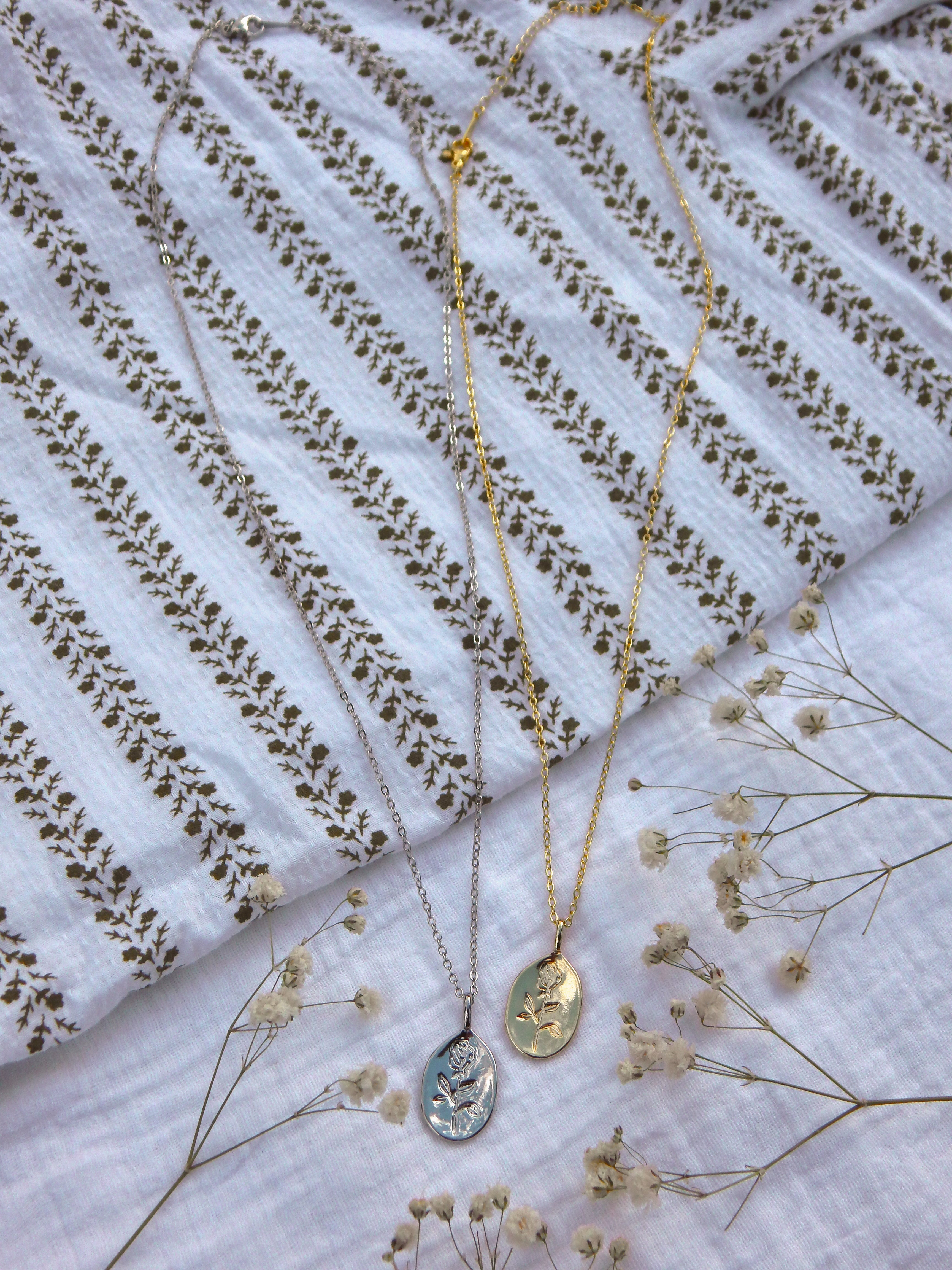 Rose Imprint Pendant Necklace | Gold or Silver Engraved Rose Necklace | Dainty Hypoallergenic Jewelry