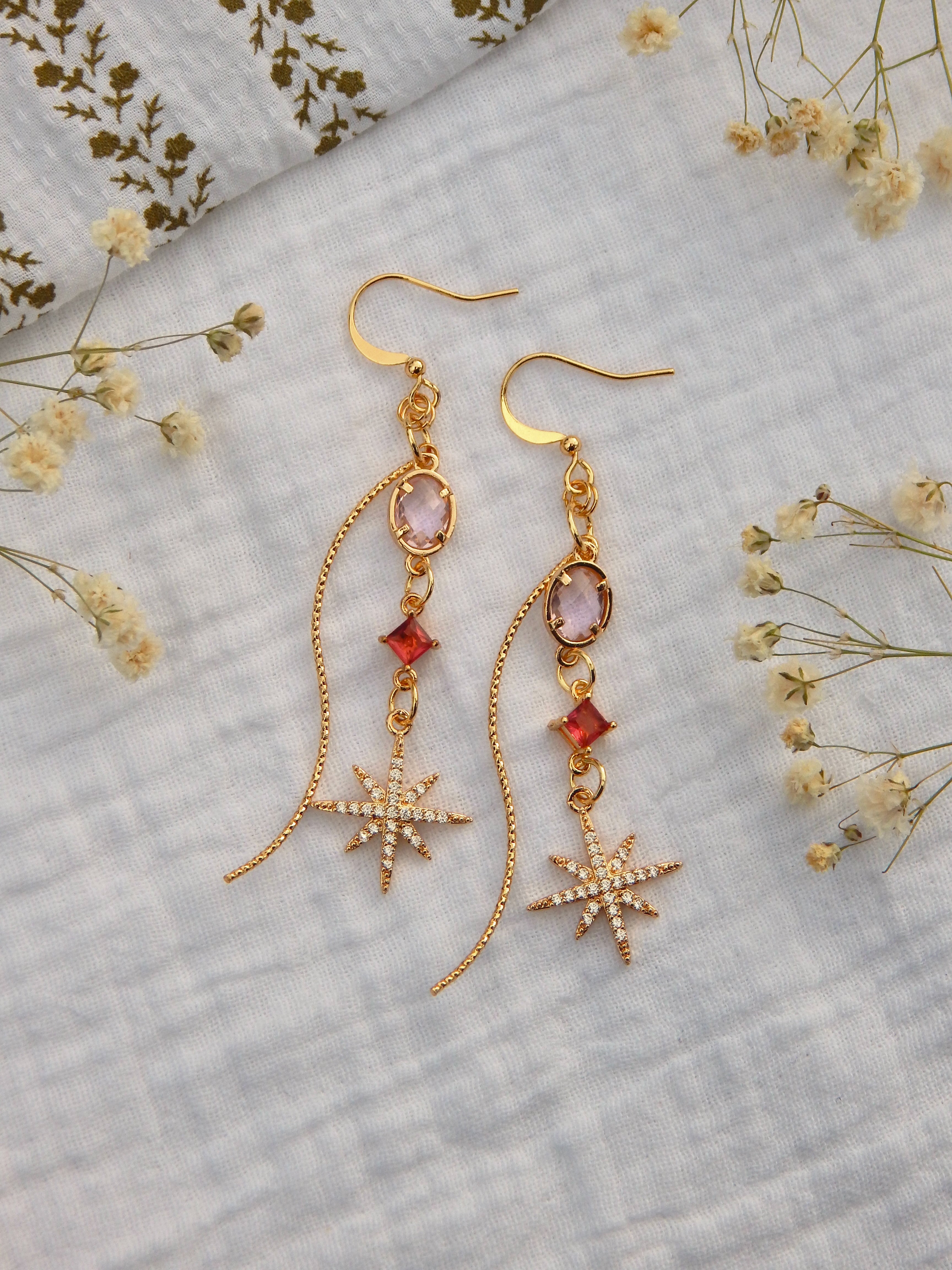 CZ Starburst Statement Earrings – Rose Pink & Red CZ Dangles | Lightweight Hypoallergenic Gold Jewelry