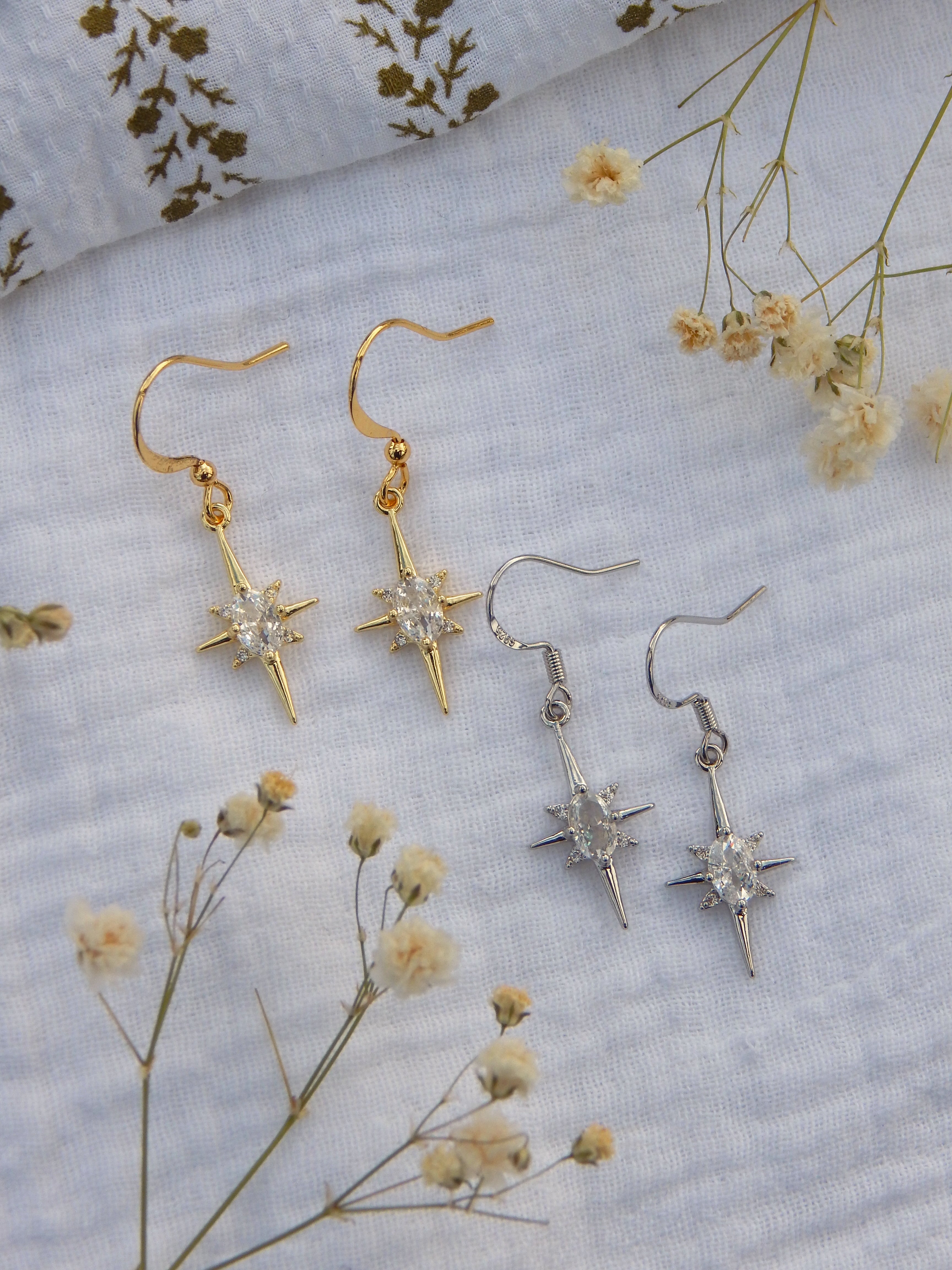 CZ Starburst Drop Earrings – Gold or Silver Sparkle Dangles | Lightweight Hypoallergenic Celestial Jewelry