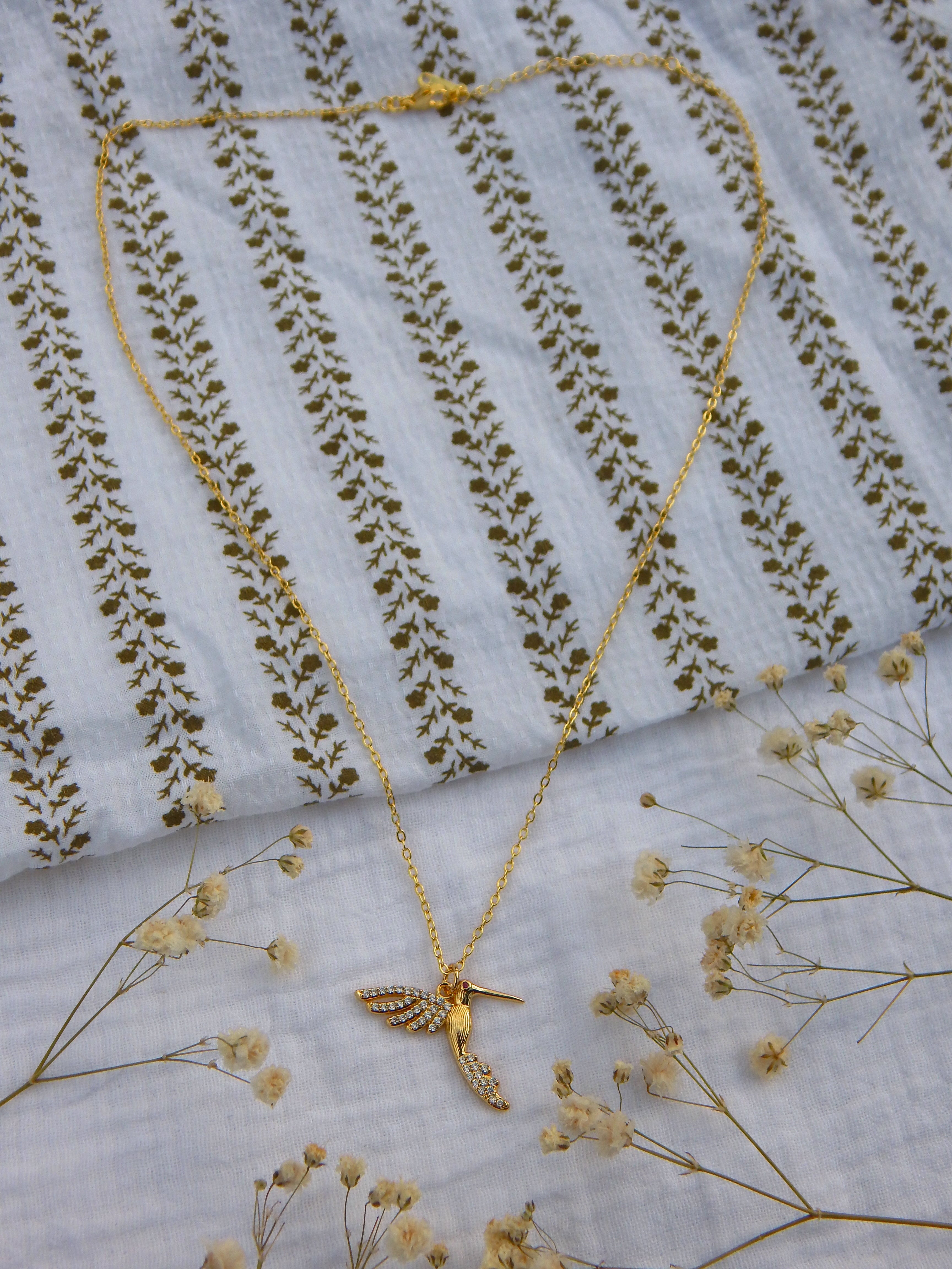 CZ Hummingbird Necklace Gold | Dainty Crystal Bird Pendant | Hypoallergenic Tarnish Resistant Jewelry