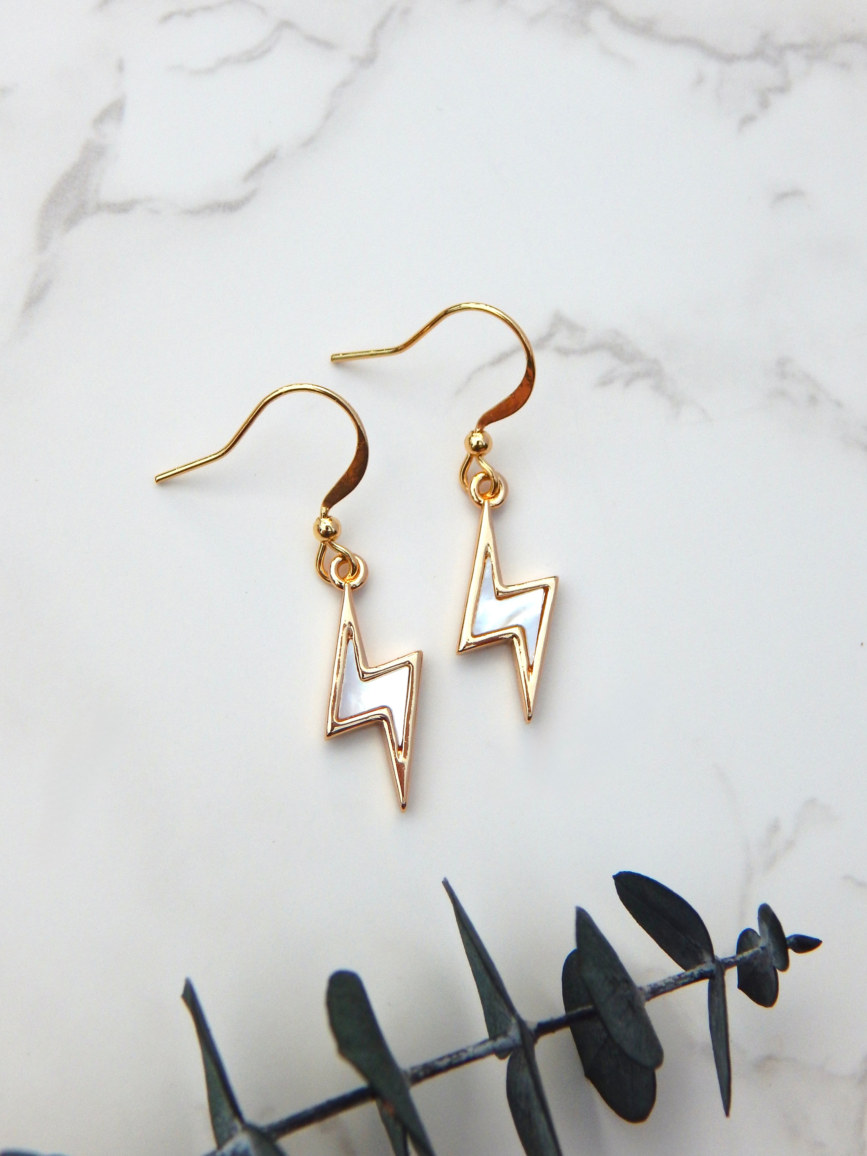 Bolt Earrings – Gold or Silver Lightning Drop Charm Dangles with Mother of Pearl
