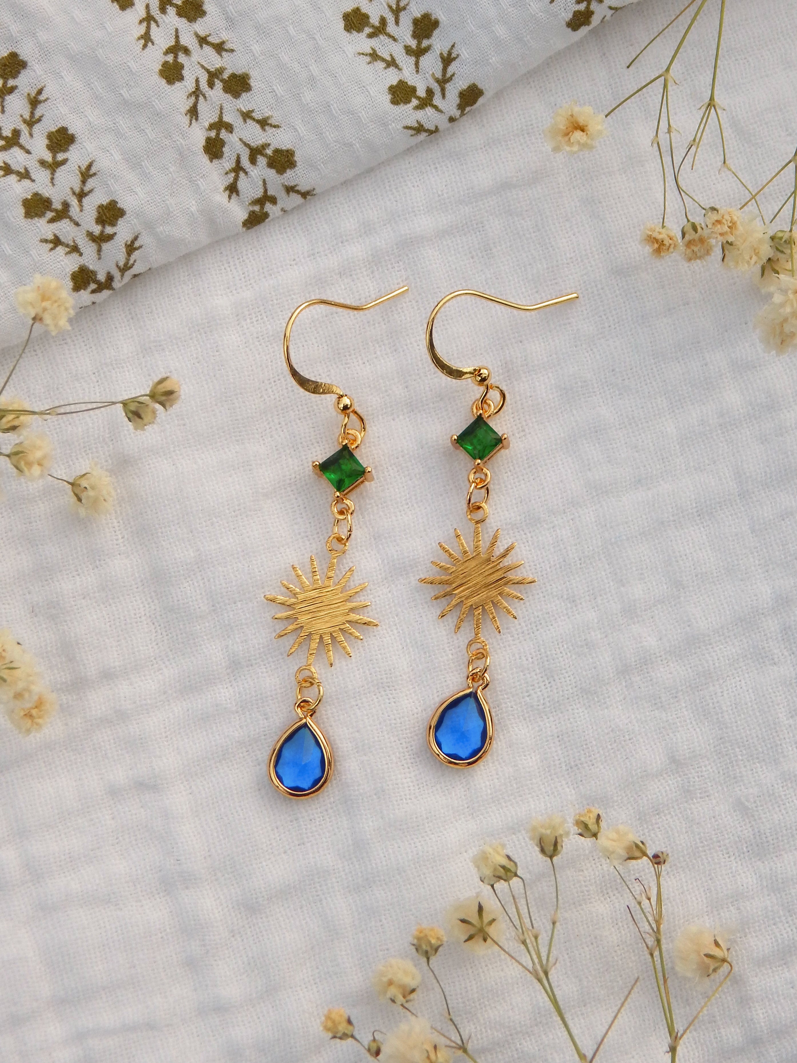 Sunburst Drop Earrings – Green CZ Top & Blue Hardened Glass Teardrop | Raw Brass Celestial Dangles