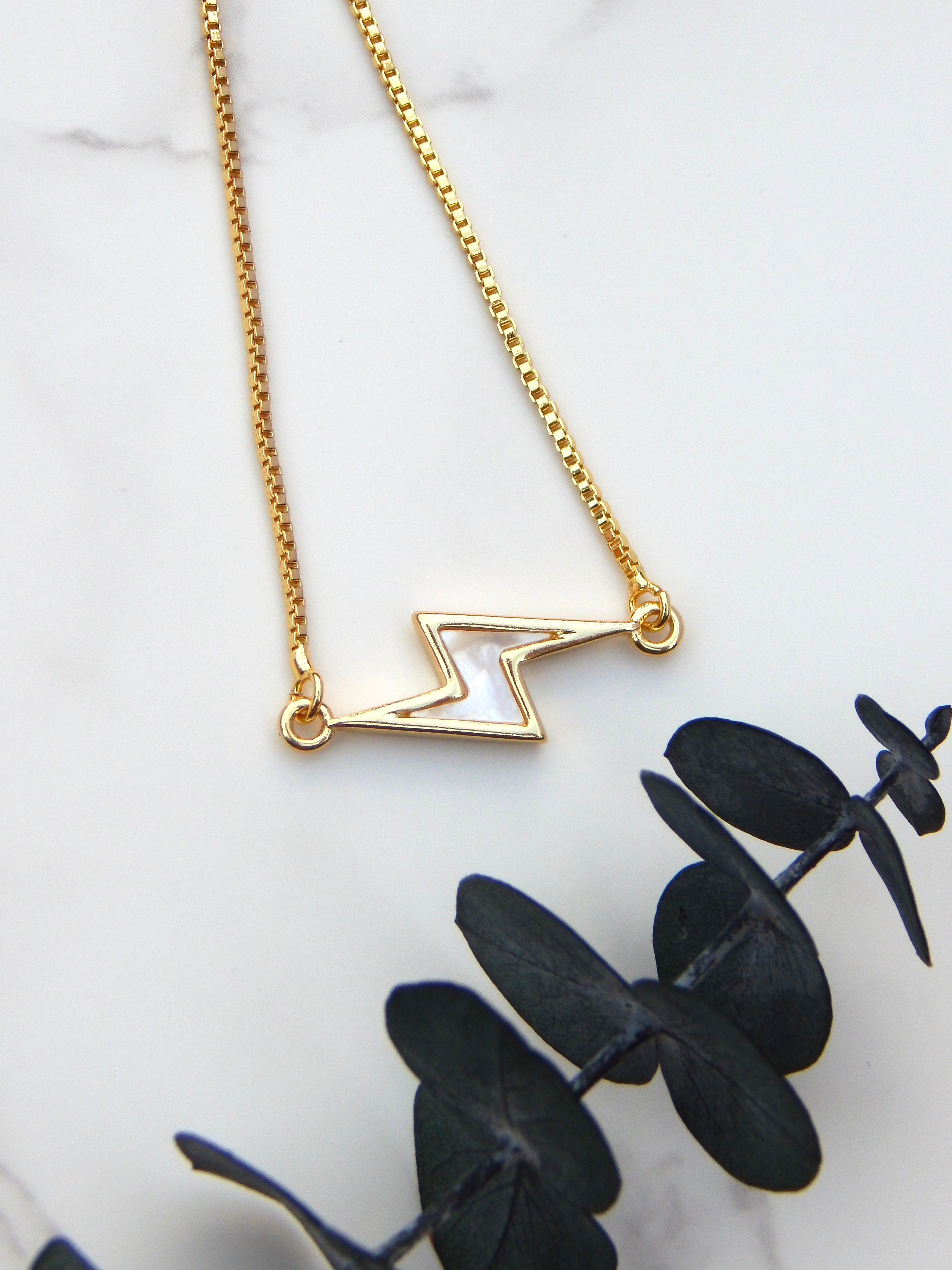 Bolt Bracelet – Dainty Adjustable Gold or Silver Mother of Pearl Lightning Charm