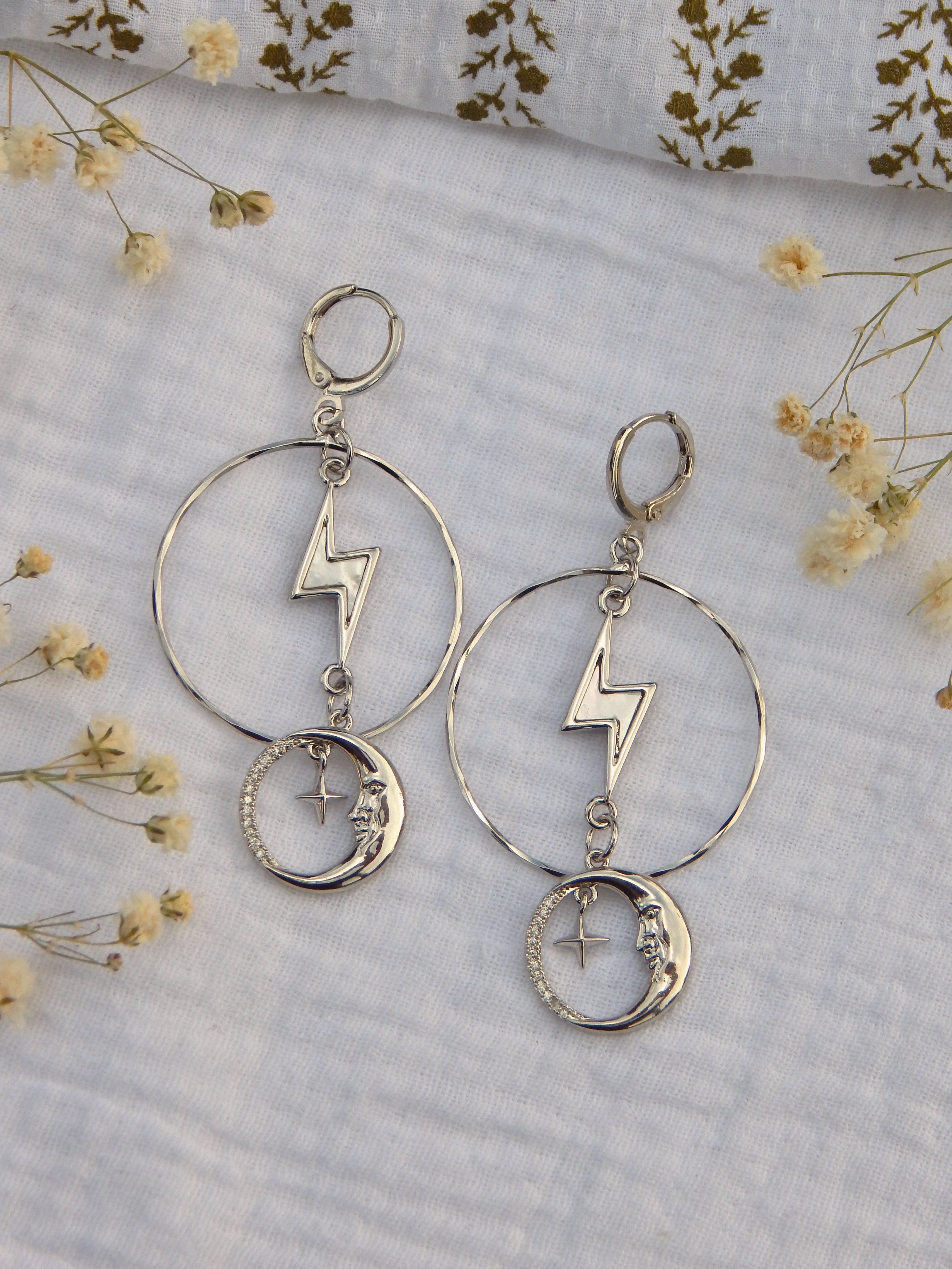 Silver Moon & Star Statement Huggie Earrings – CZ Detail, Mother of Pearl Bolt, Twisted Hoop | Hypoallergenic