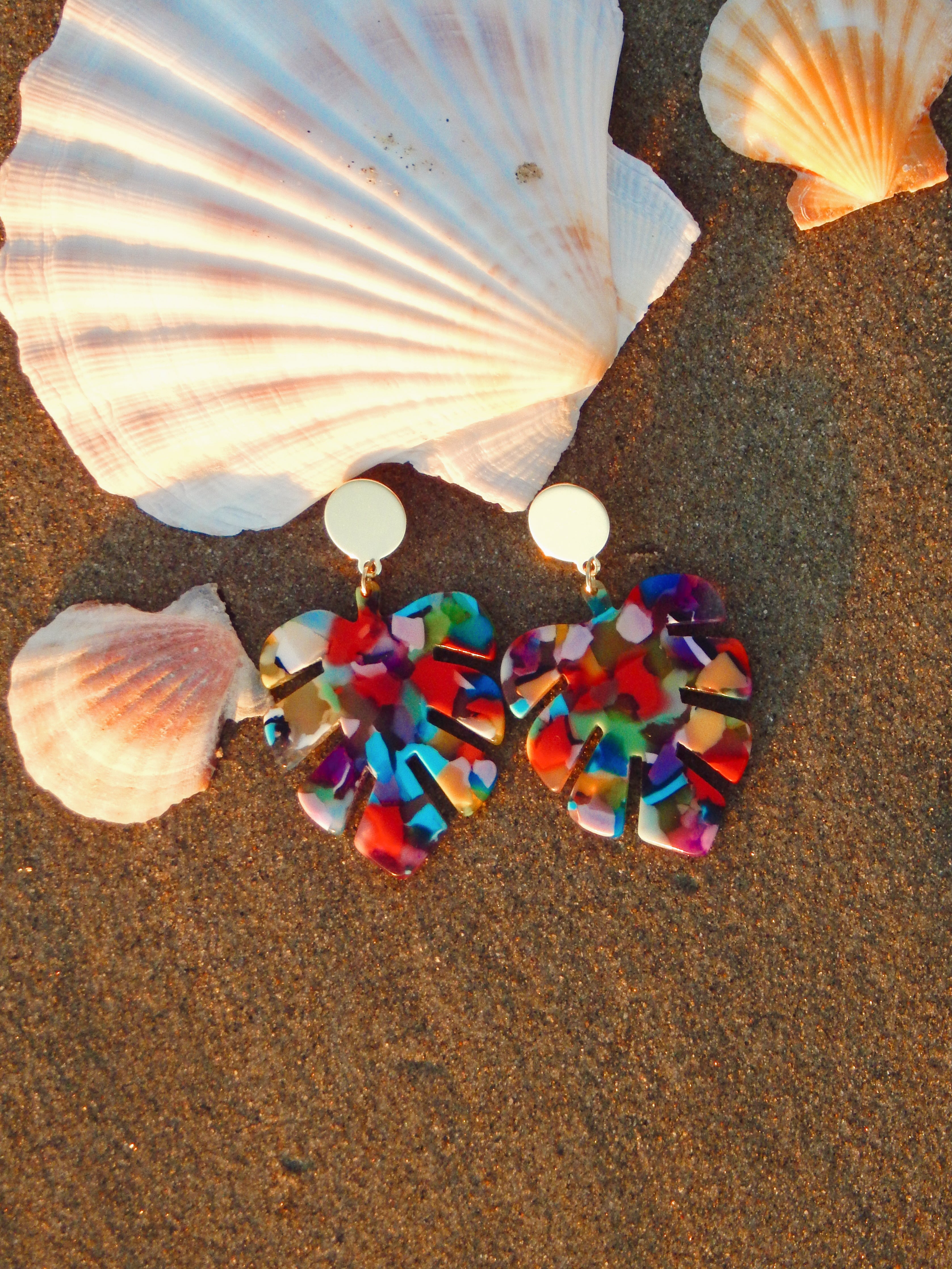 Rainbow Monstera Earrings – Bold Statement Gold Studs with Colorful Resin Leaf Design
