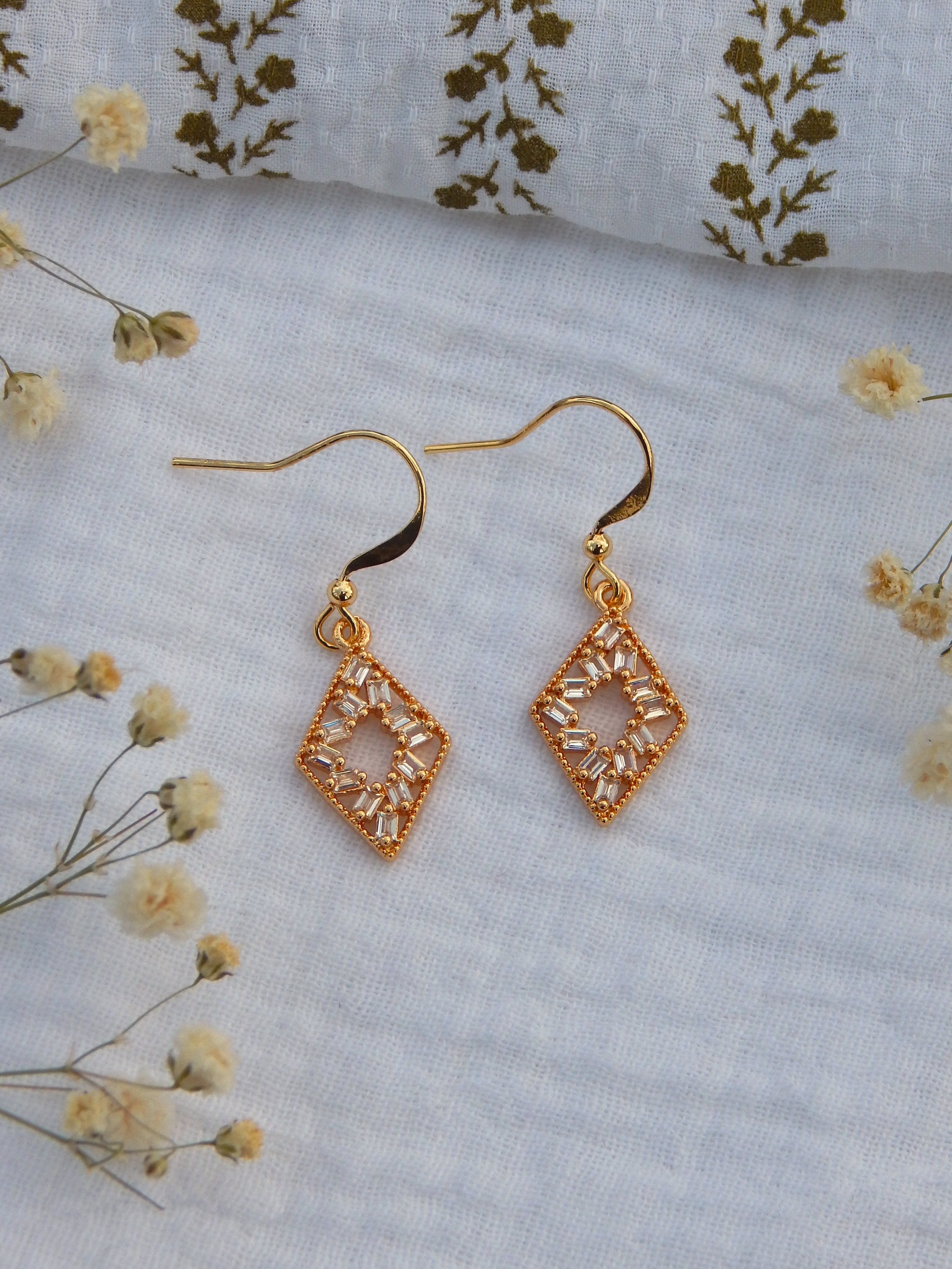 Gold CZ Diamond Drop Earrings – Dainty Geometric Dangles | Lightweight Hypoallergenic Jewelry