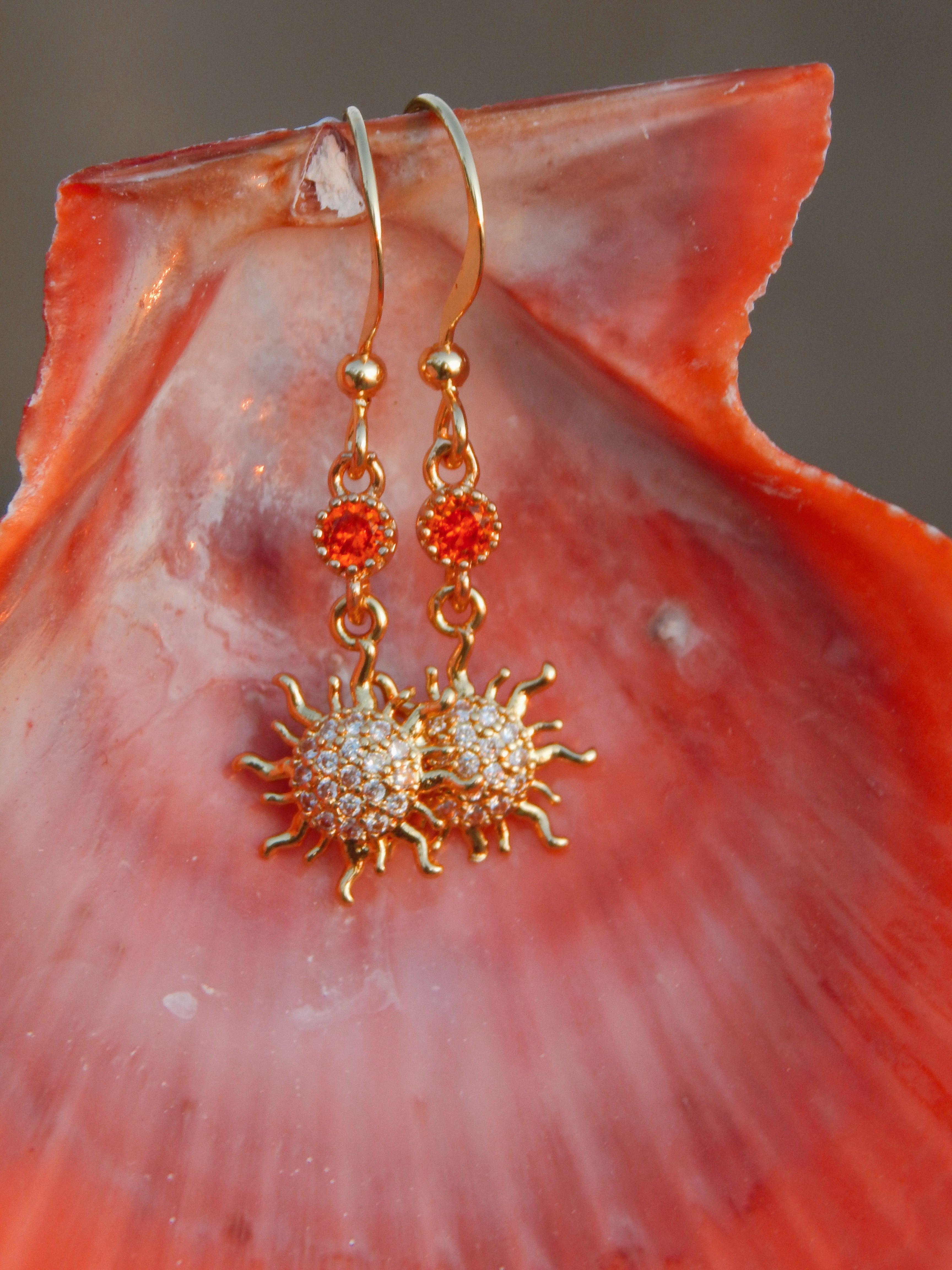 Golden Sunshine Dangle Earrings – 18k Gold Plated Sun Charms with Orange Cubic Zirconia Glow