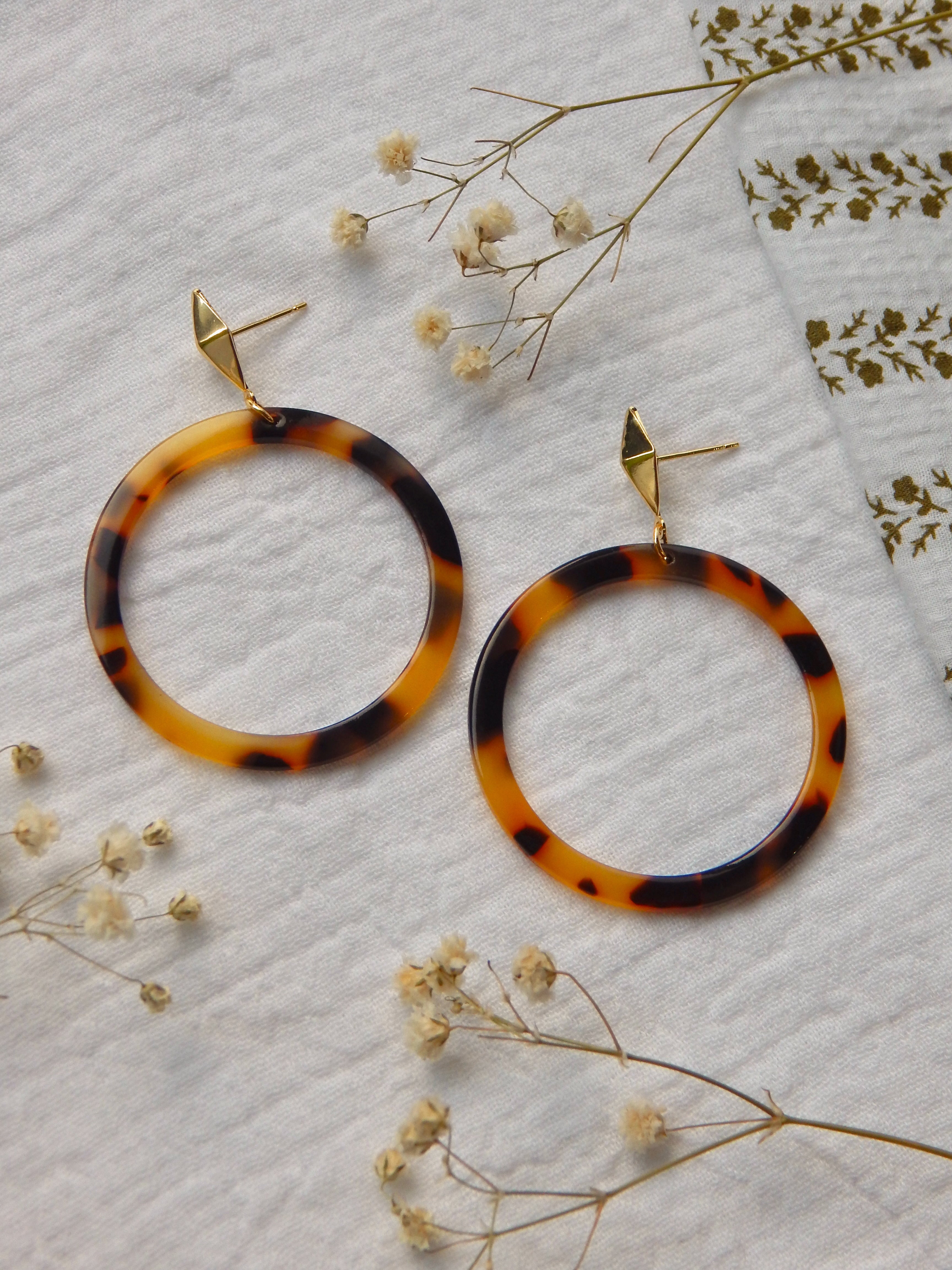 Tortoise Resin Hoop Earrings – Triangle or Diamond Stud | 18k Gold Plated, Lightweight & Hypoallergenic