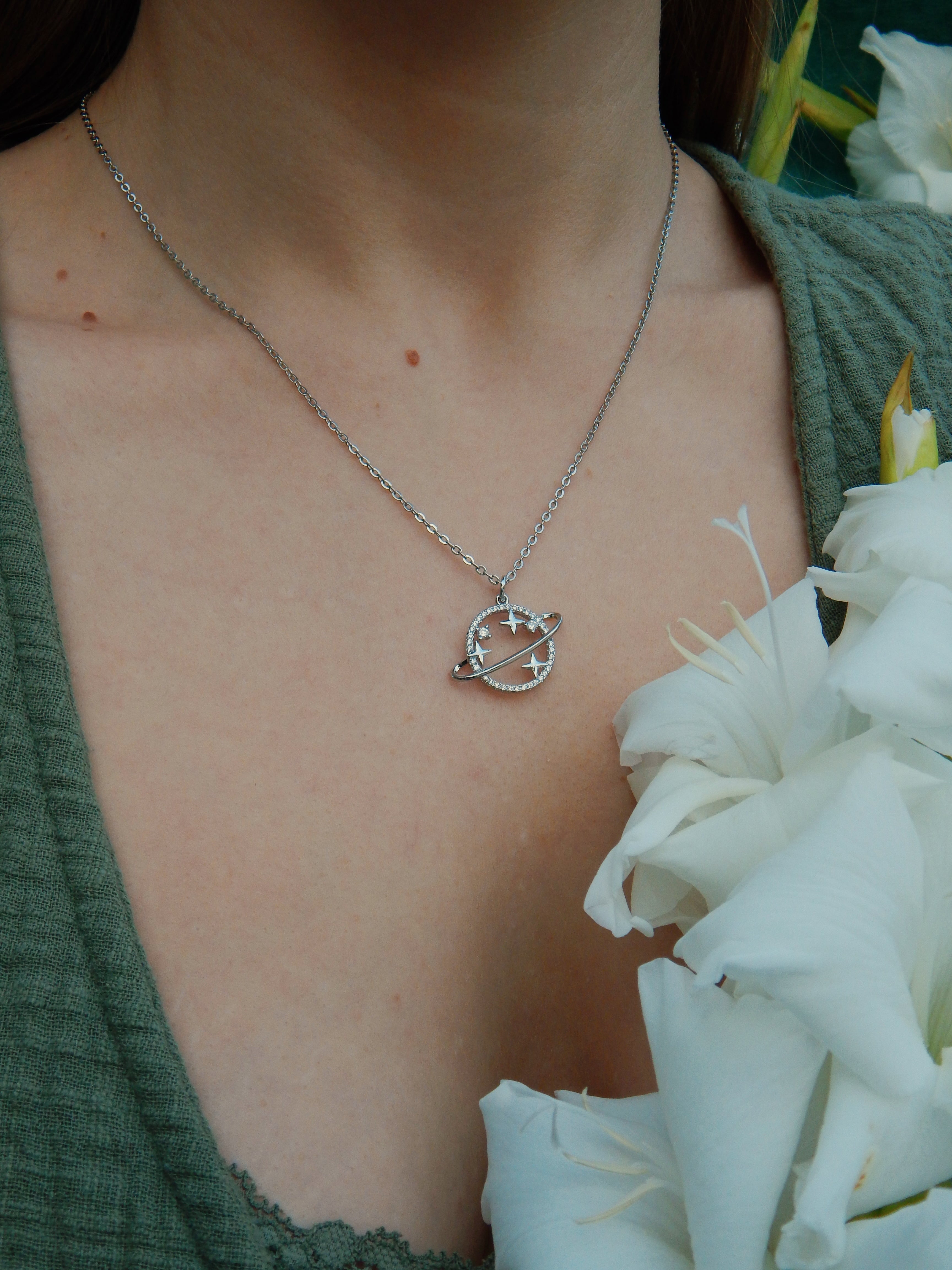 Saturn Necklace – Dainty Celestial Planet Pendant in Gold or Silver