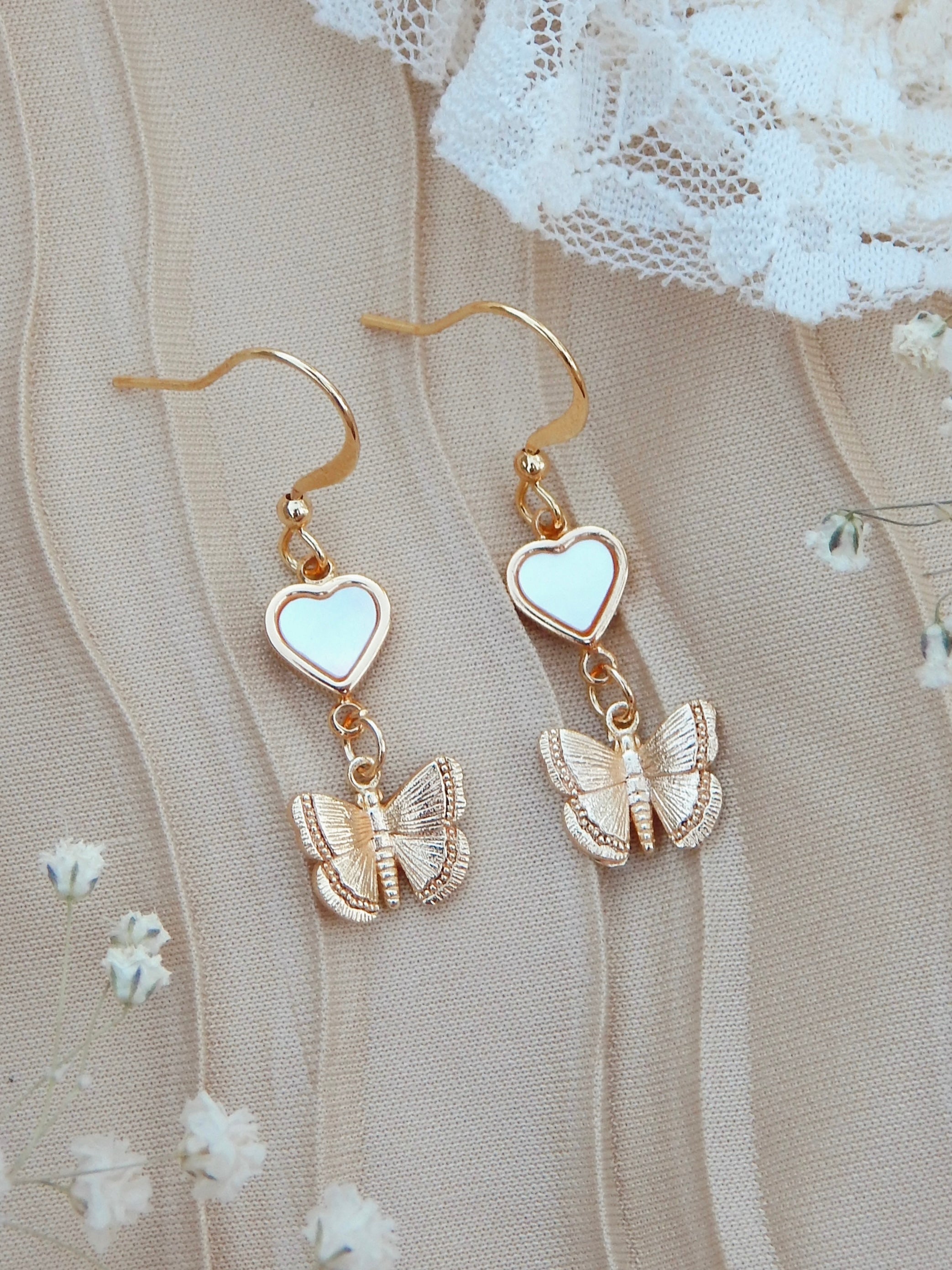 Butterfly Heart Earrings – 18k Gold Plated Dangles with Mother of Pearl