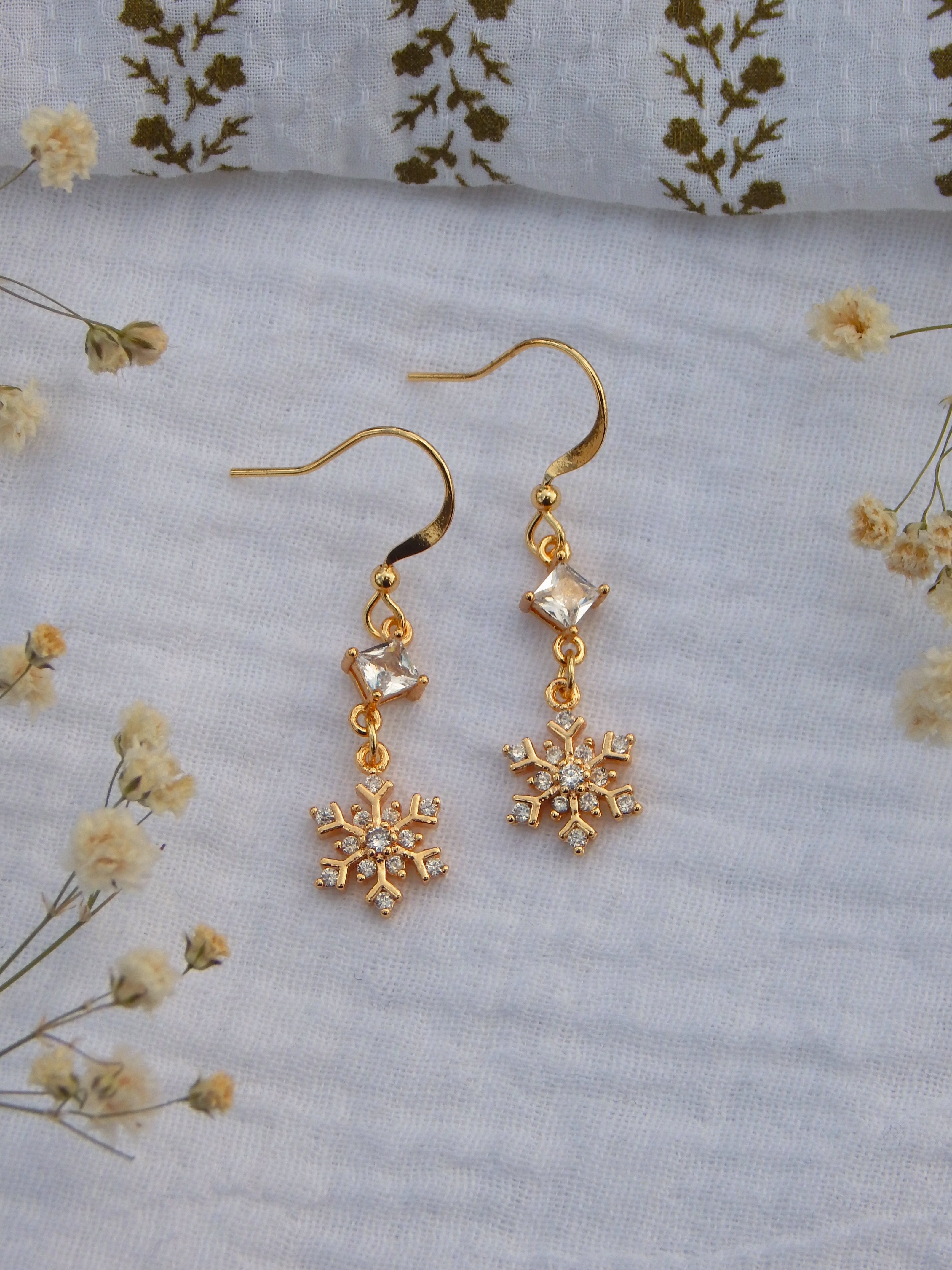 Gold CZ Snowflake Earrings – Dainty Winter Drop Earrings | Lightweight Hypoallergenic Jewelry