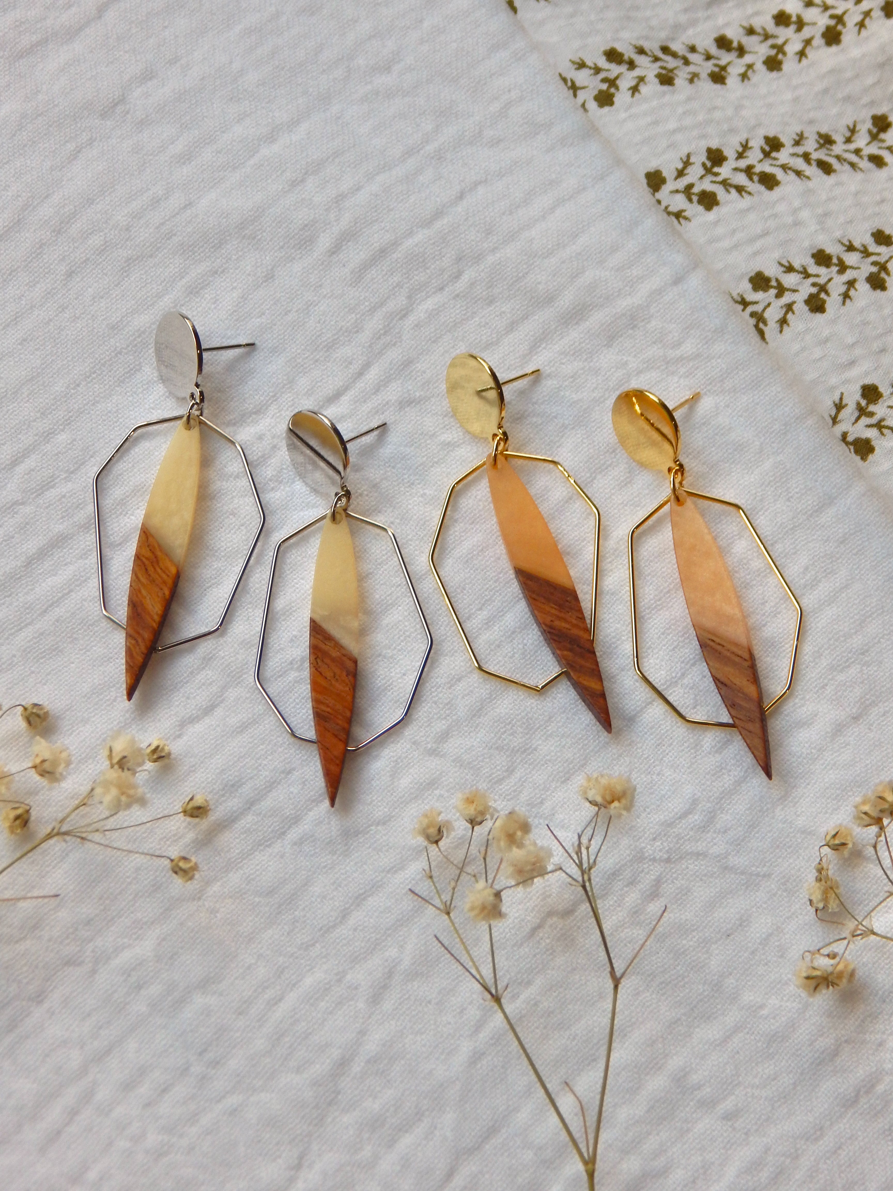 Raven Earrings – Geometric Wood & Resin Drops | Gold or Silver Plated, Lightweight & Hypoallergenic