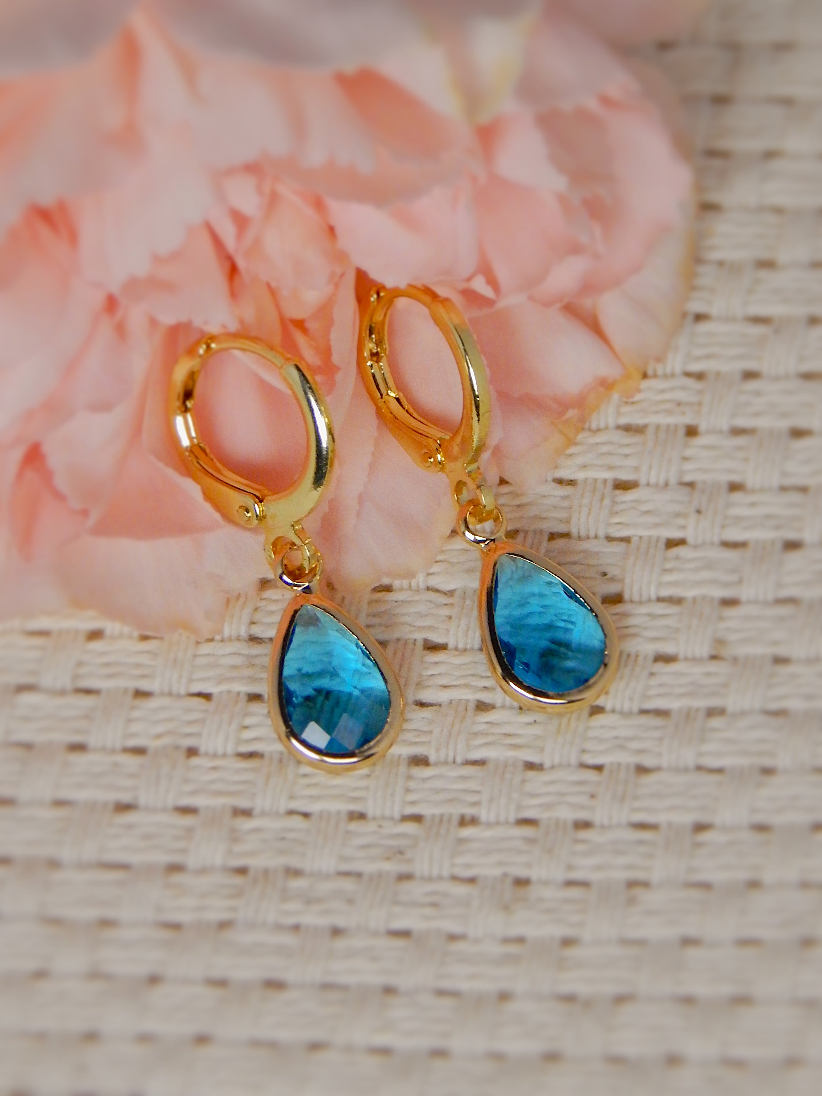 Gold huggie earrings with aqua teardrop gemstone drop, boho style jewelry