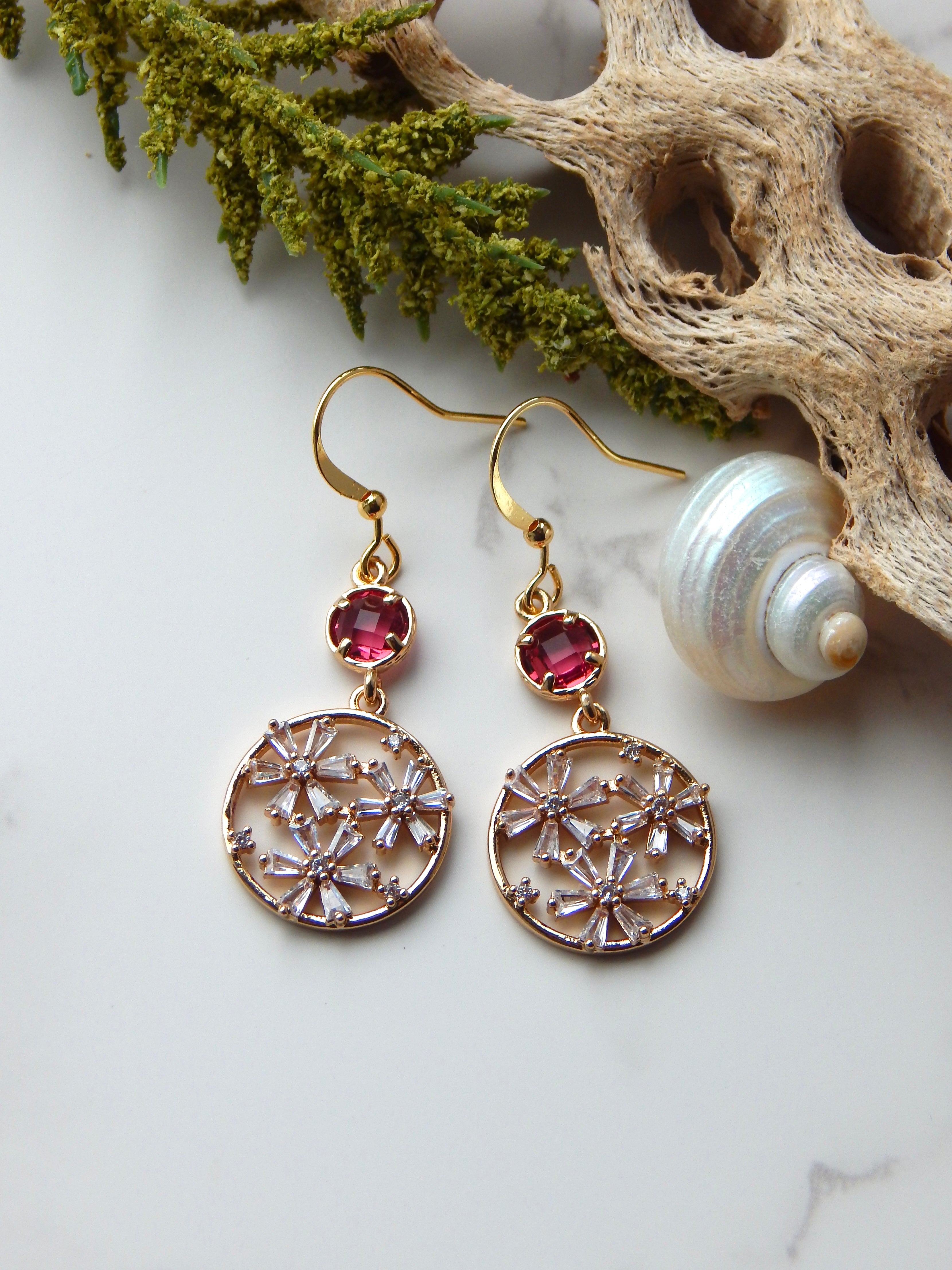 Pink Flower Circle Earrings
