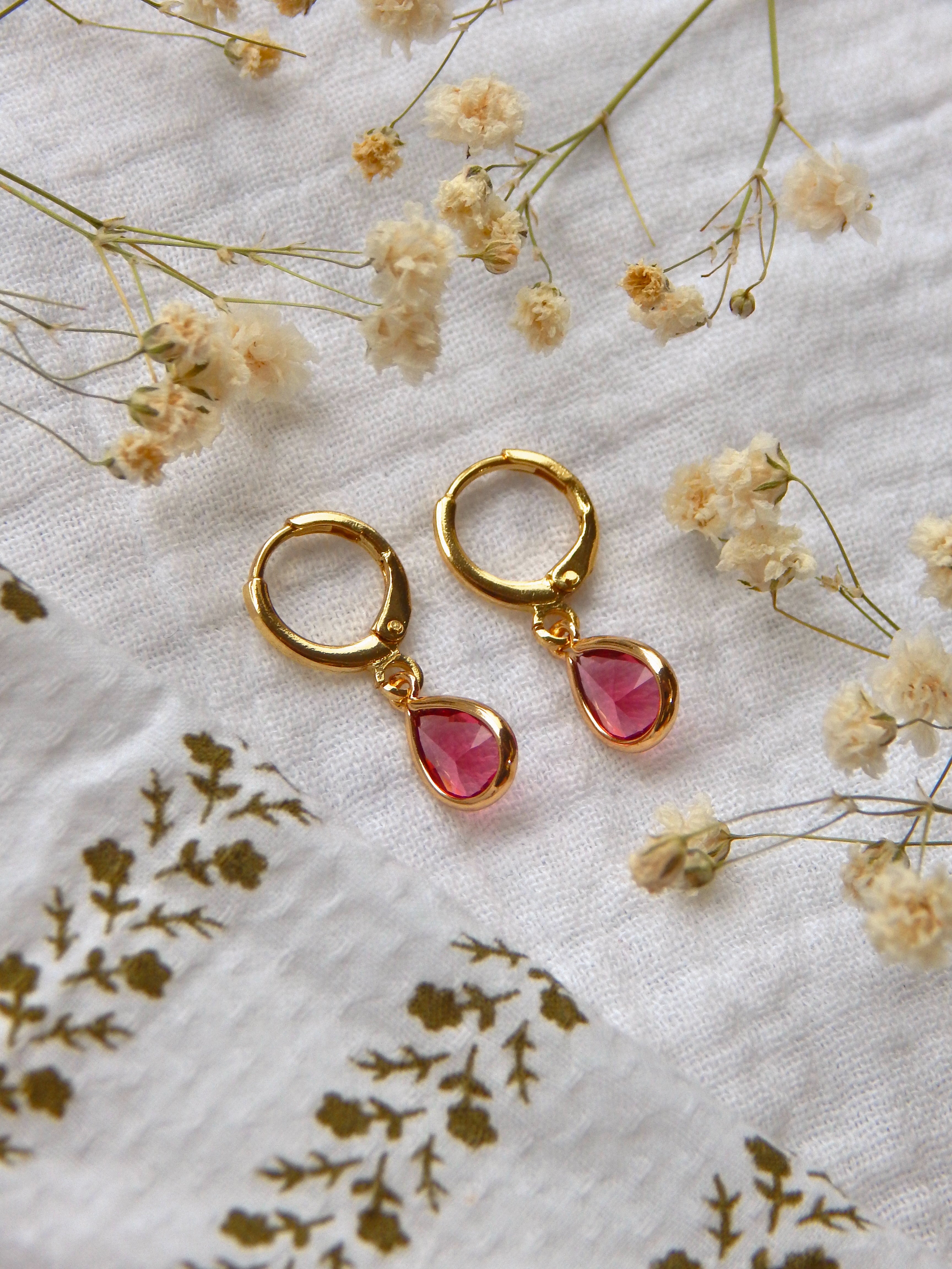 Pink Glass Teardrop Huggie Earrings – Hardened Glass Drop Hoops | Lightweight Hypoallergenic Gold Jewelry