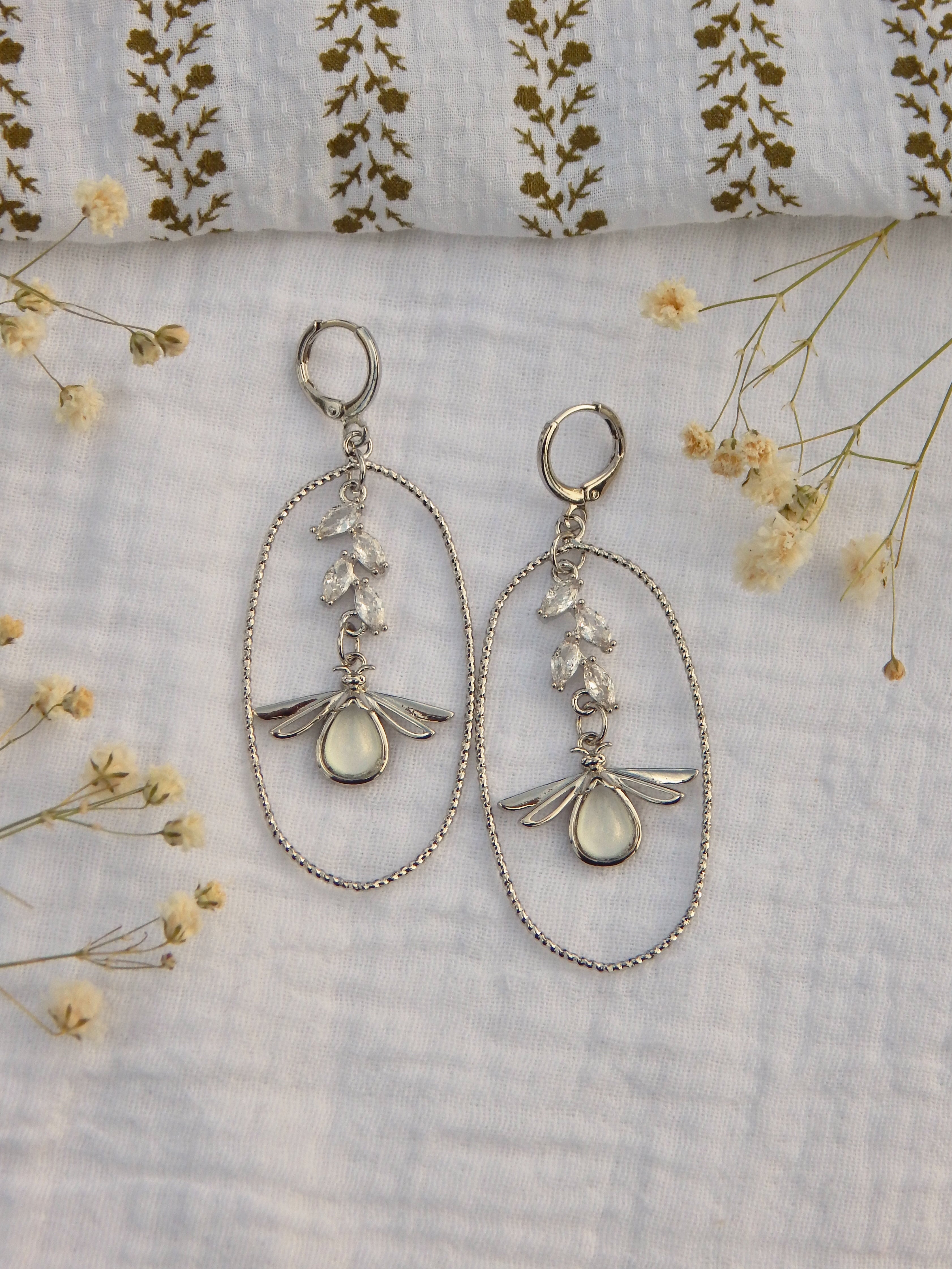 Opal Firefly Hoop Earrings – Silver Plated Cubic Zirconia & Hardened Glass Design Huggie Style