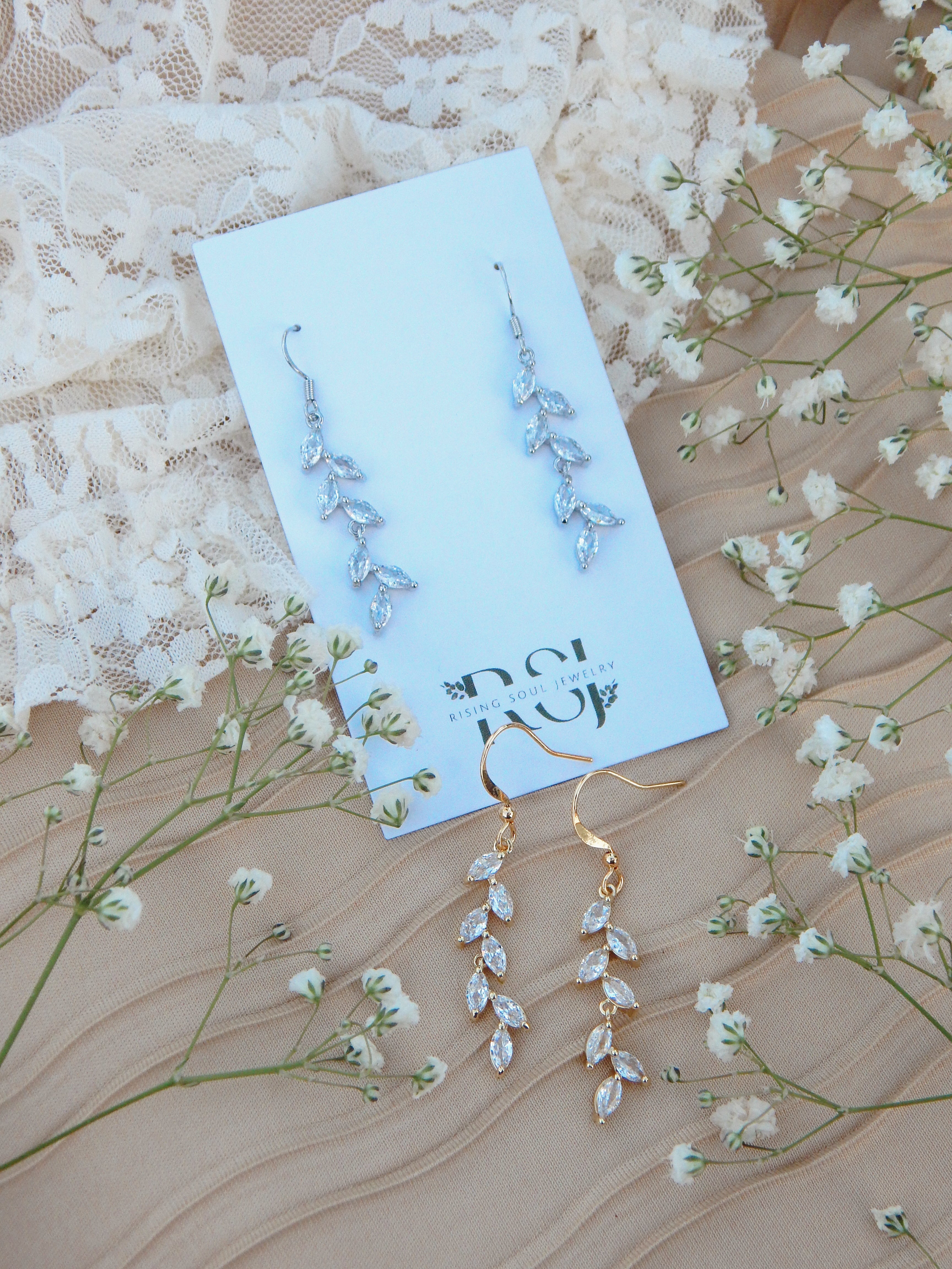 Bloom Earrings – Gold & Silver Cubic Zirconia Leaf Dangle Jewelry