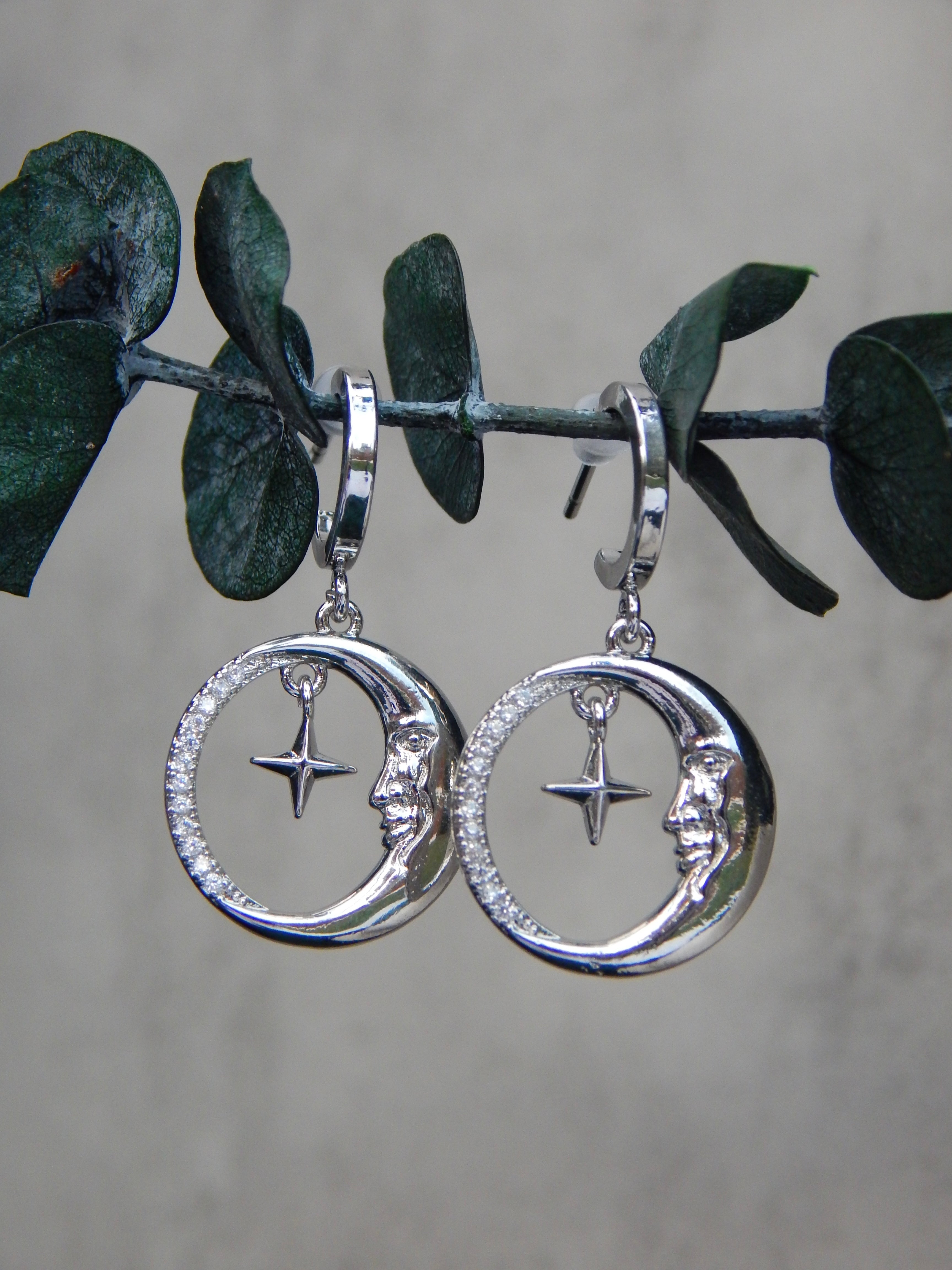 Moon & Star Huggie Earrings – Celestial Face Charm Studs in Gold or Silver