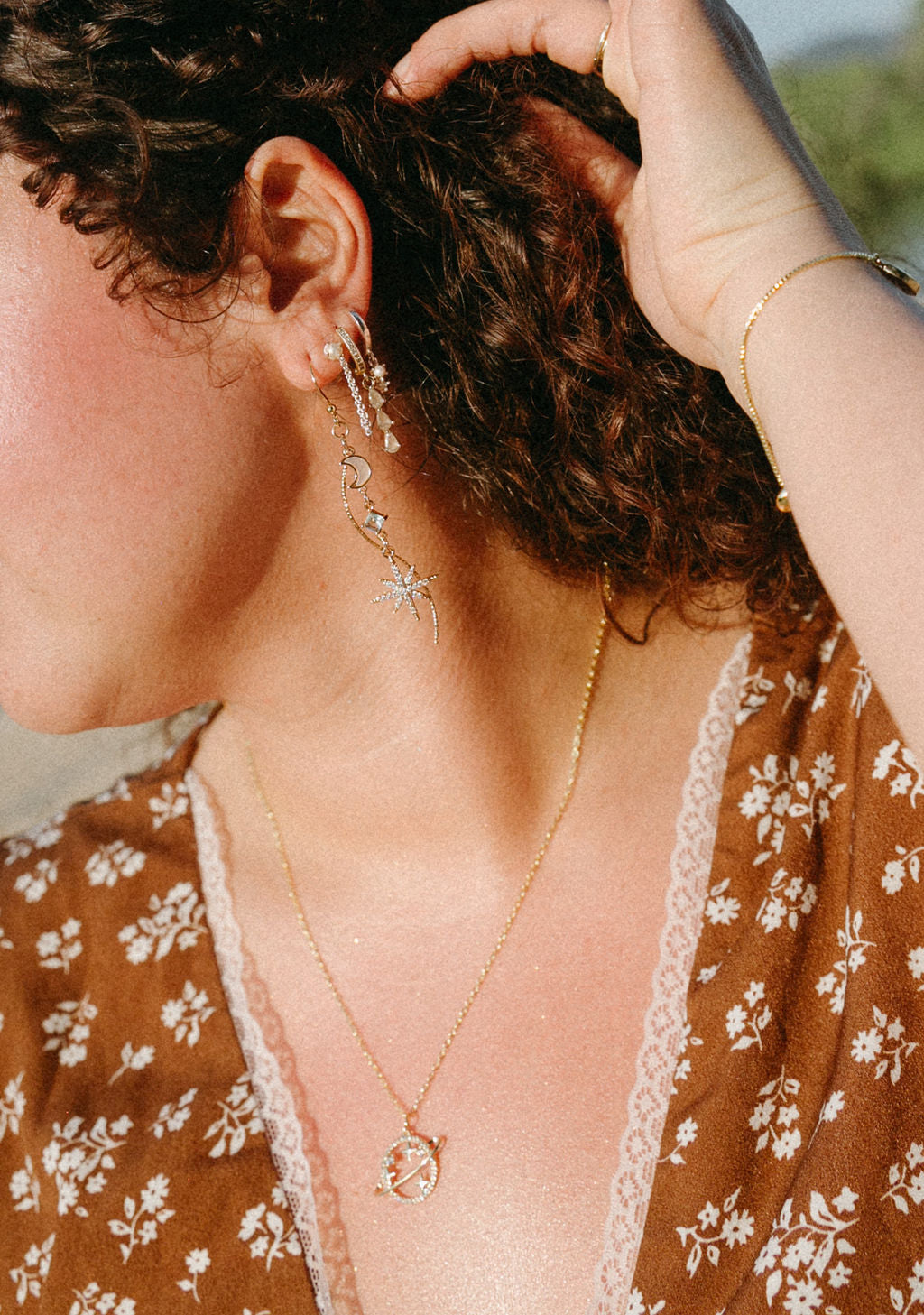 Celestial Cascade Earrings – Gold Star & Moon Dangles with CZ, Mother of Pearl & Twisted Bar Accent