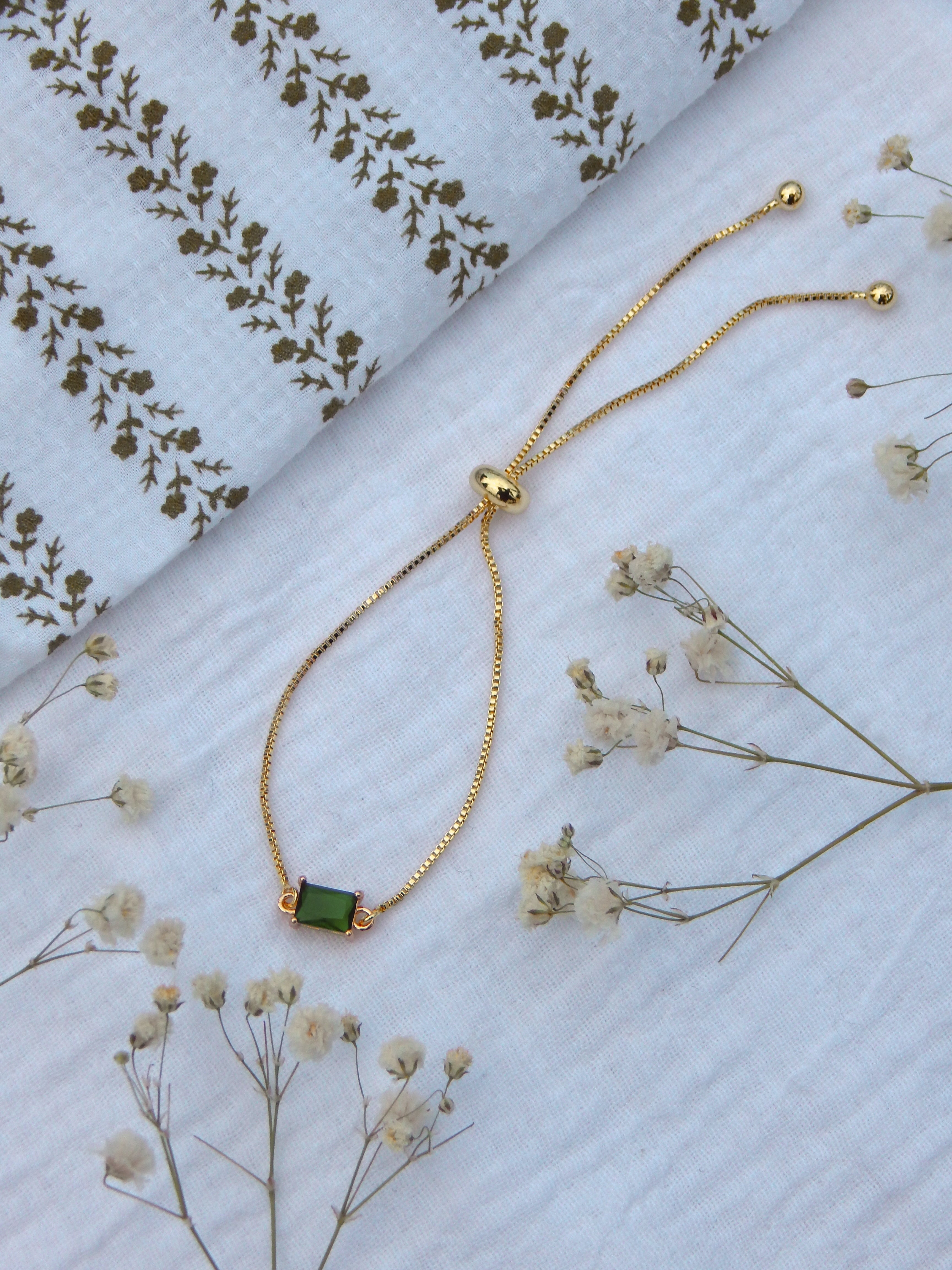 Green CZ Adjustable Bracelet – Gold Slide Bracelet | Easy-On Hypoallergenic Everyday Jewelry