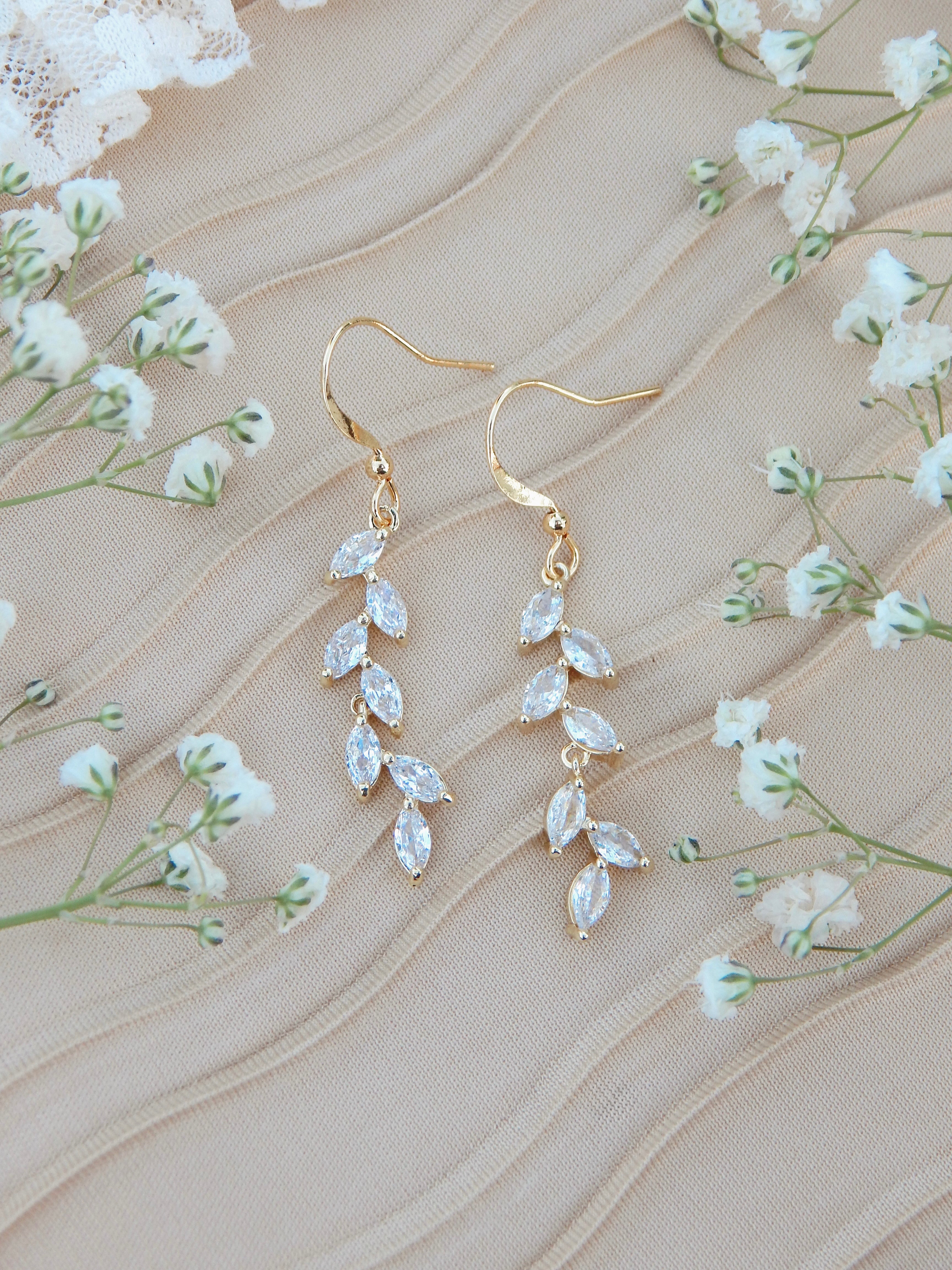Bloom Earrings – Gold & Silver Cubic Zirconia Leaf Dangle Jewelry