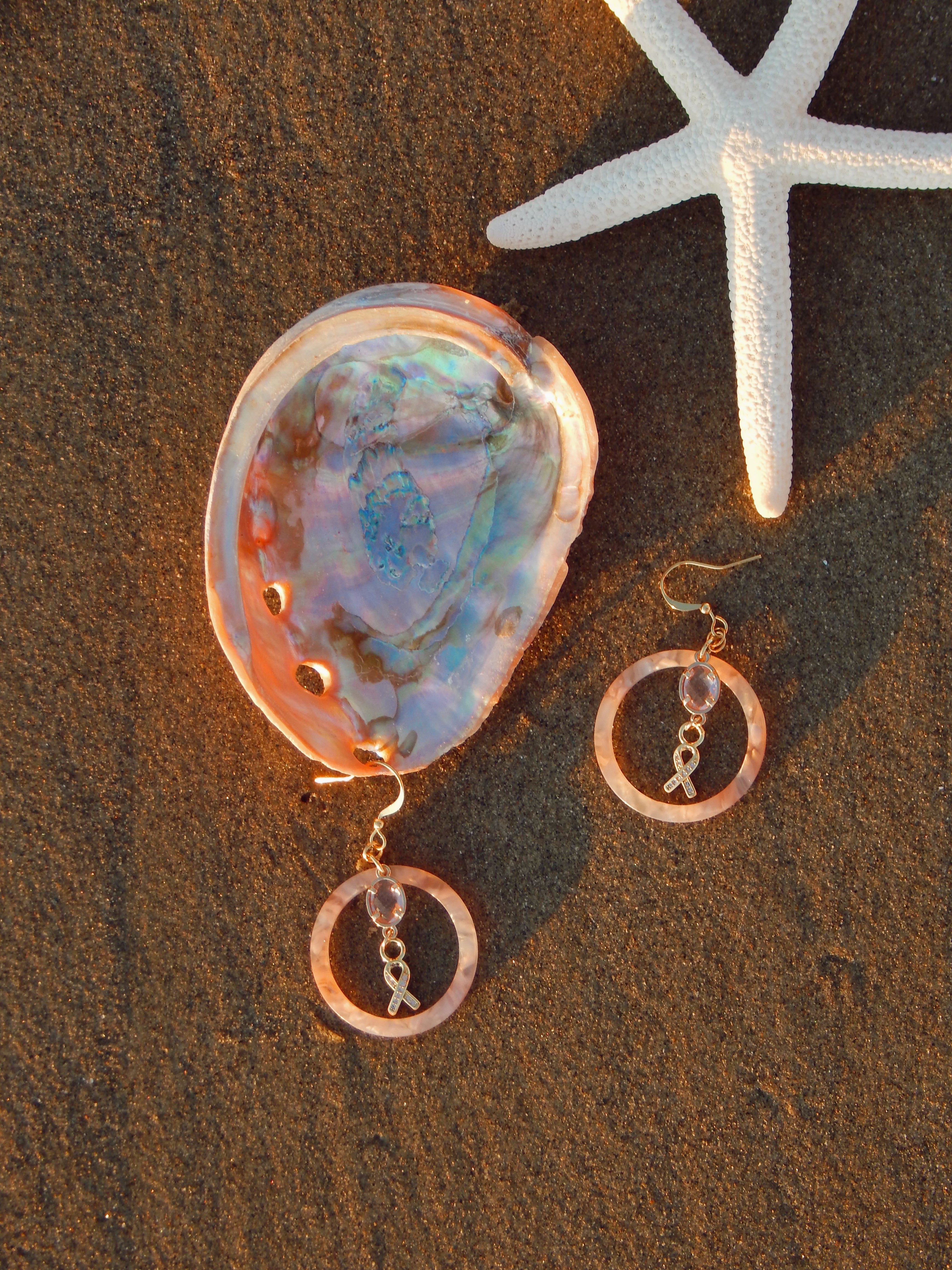 Sunshine Strength Hoop Earrings – Pink Resin Hoops with Awareness Ribbon & Cubic Zirconia