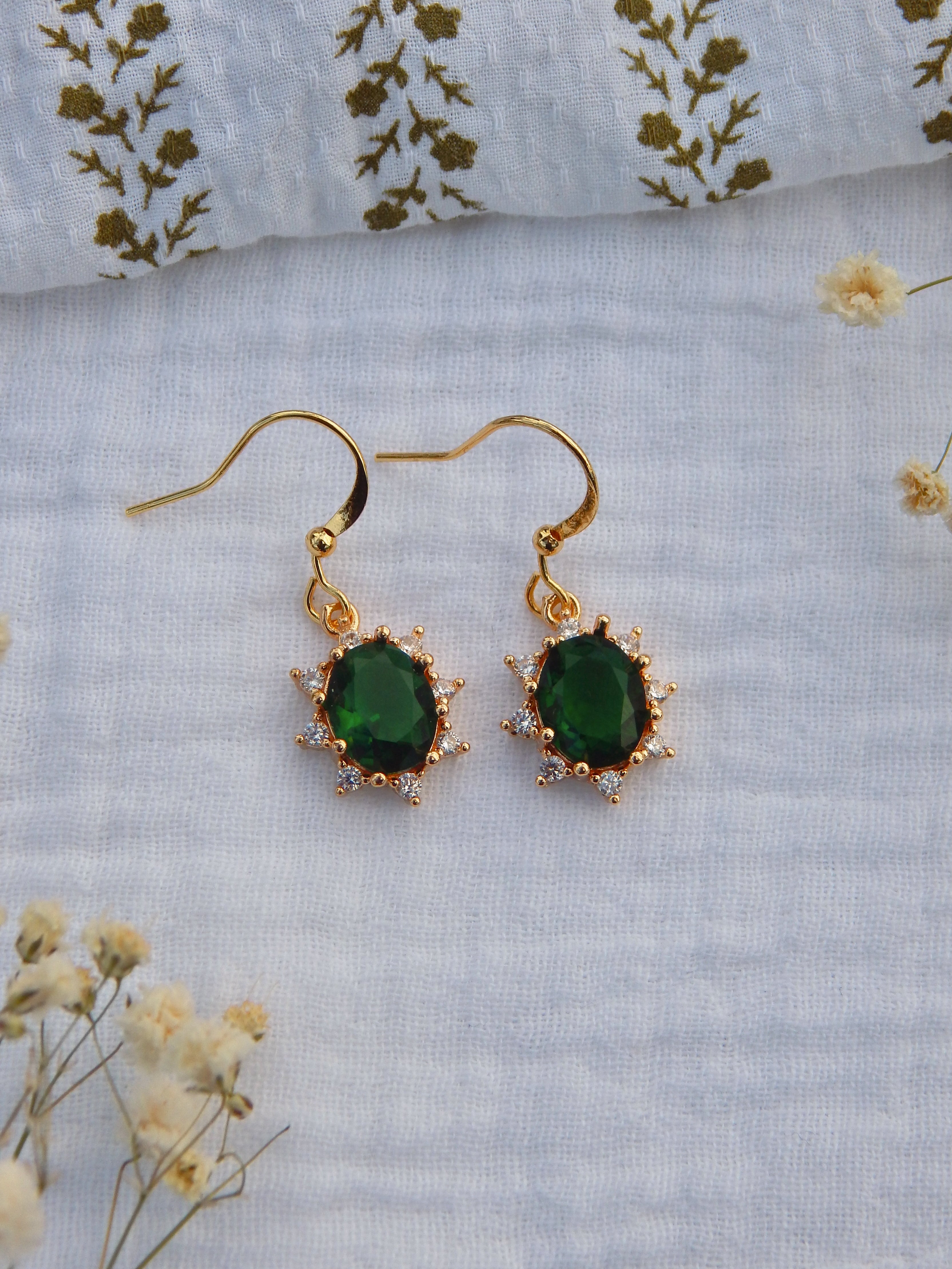 Emerald Sunburst Earrings – Cubic Zirconia Gold Drops