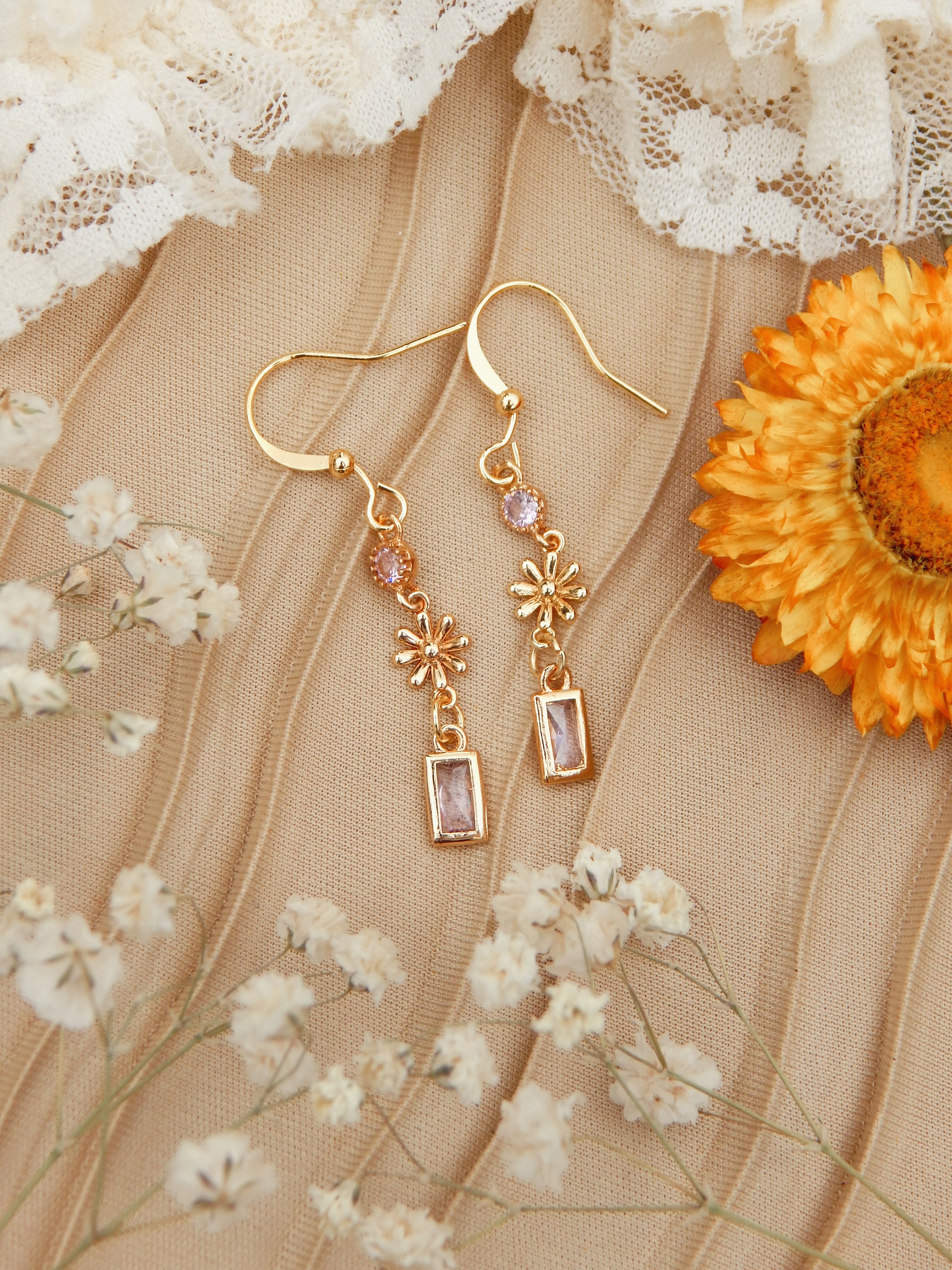 Blush Daisy Drop Earrings – 18k Gold Plated with Light-Pink Cubic Zirconia