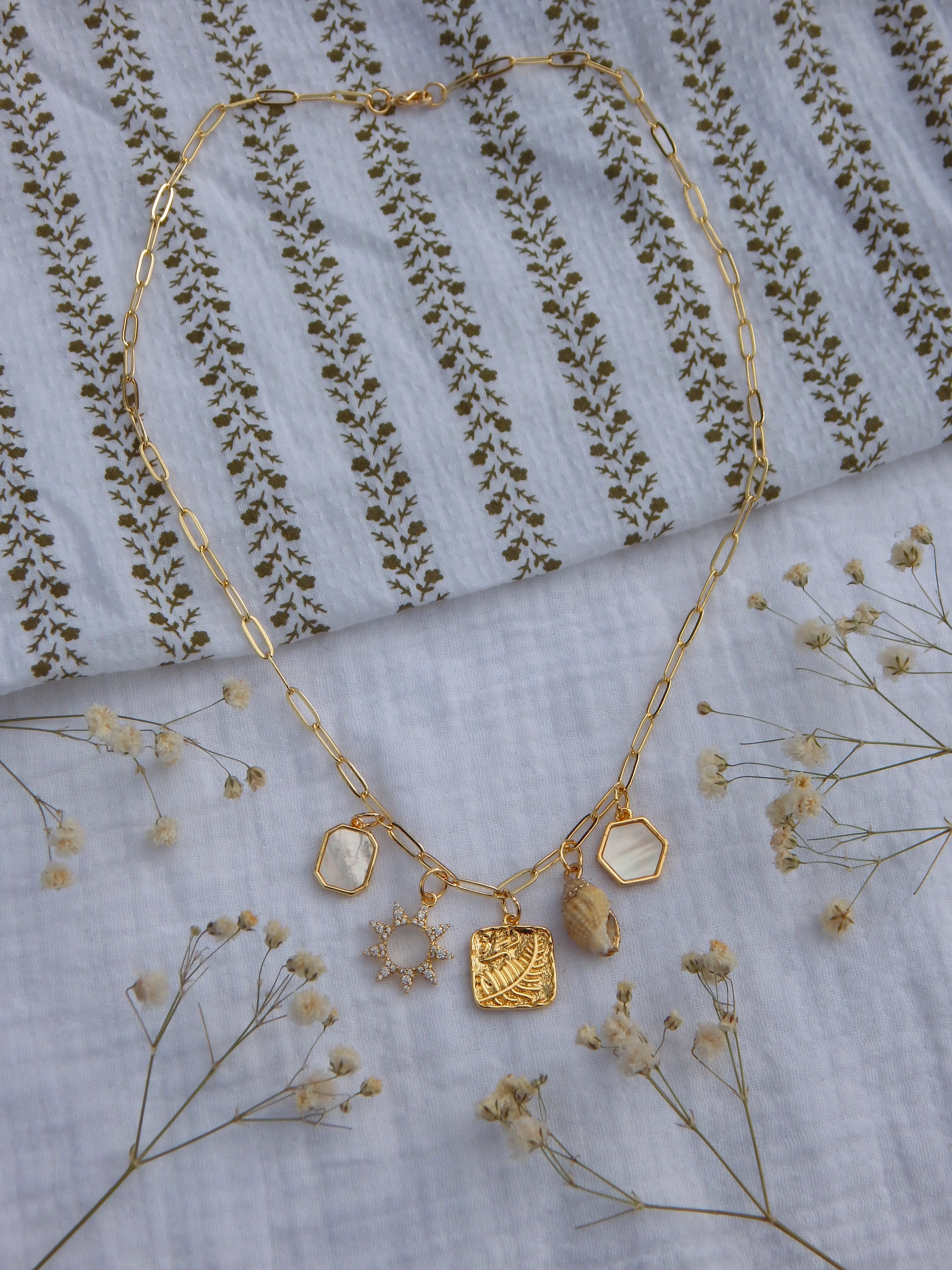 One-of-a-Kind Coastal Sun Charm Necklace | Mother of Pearl & Seashell Pendant | CZ Sunburst | Gold Fern Charm | 18” Paperclip Chain