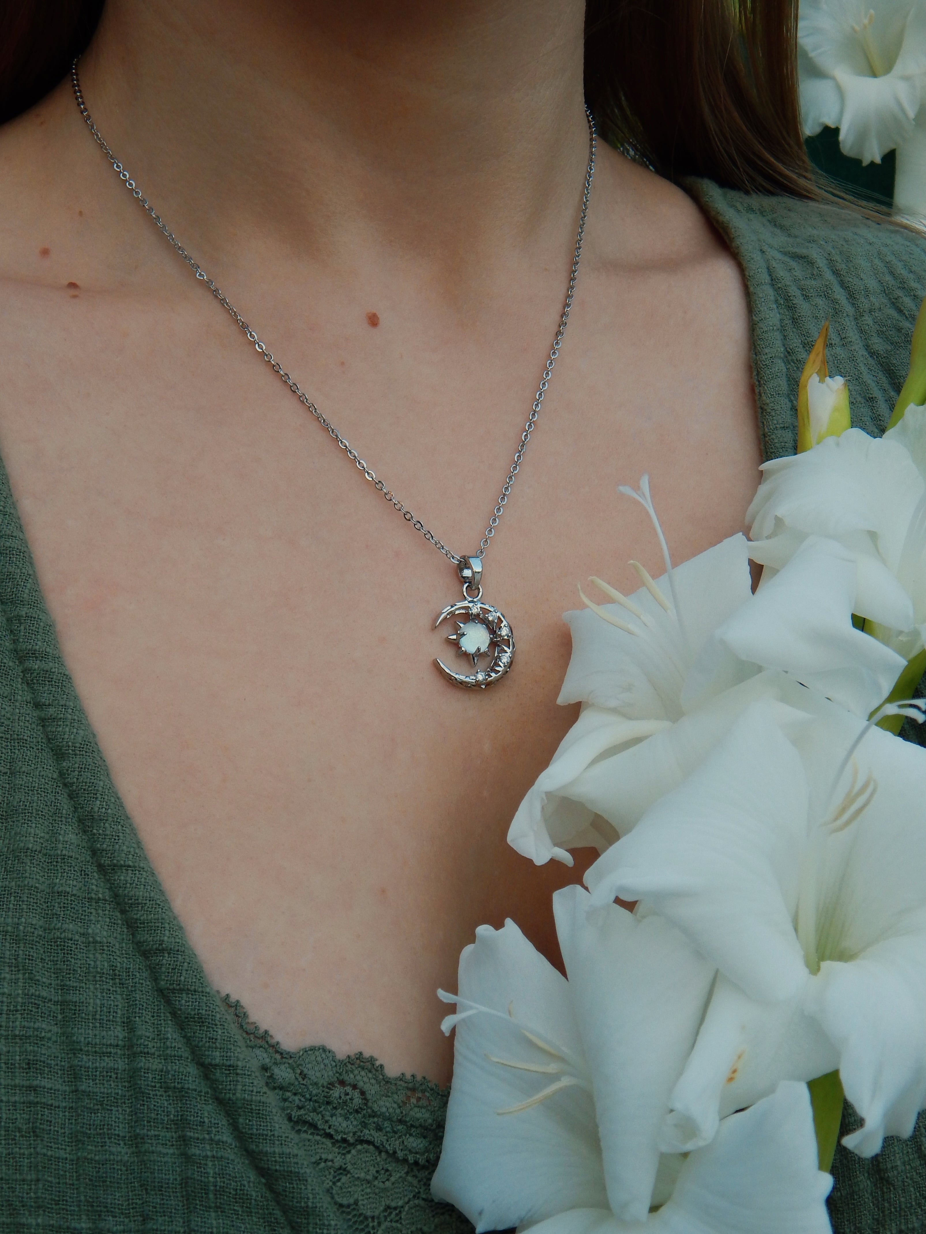 Cosmos Glow Necklace – Sun, Moon & Crystal Pendant in Silver or Gold