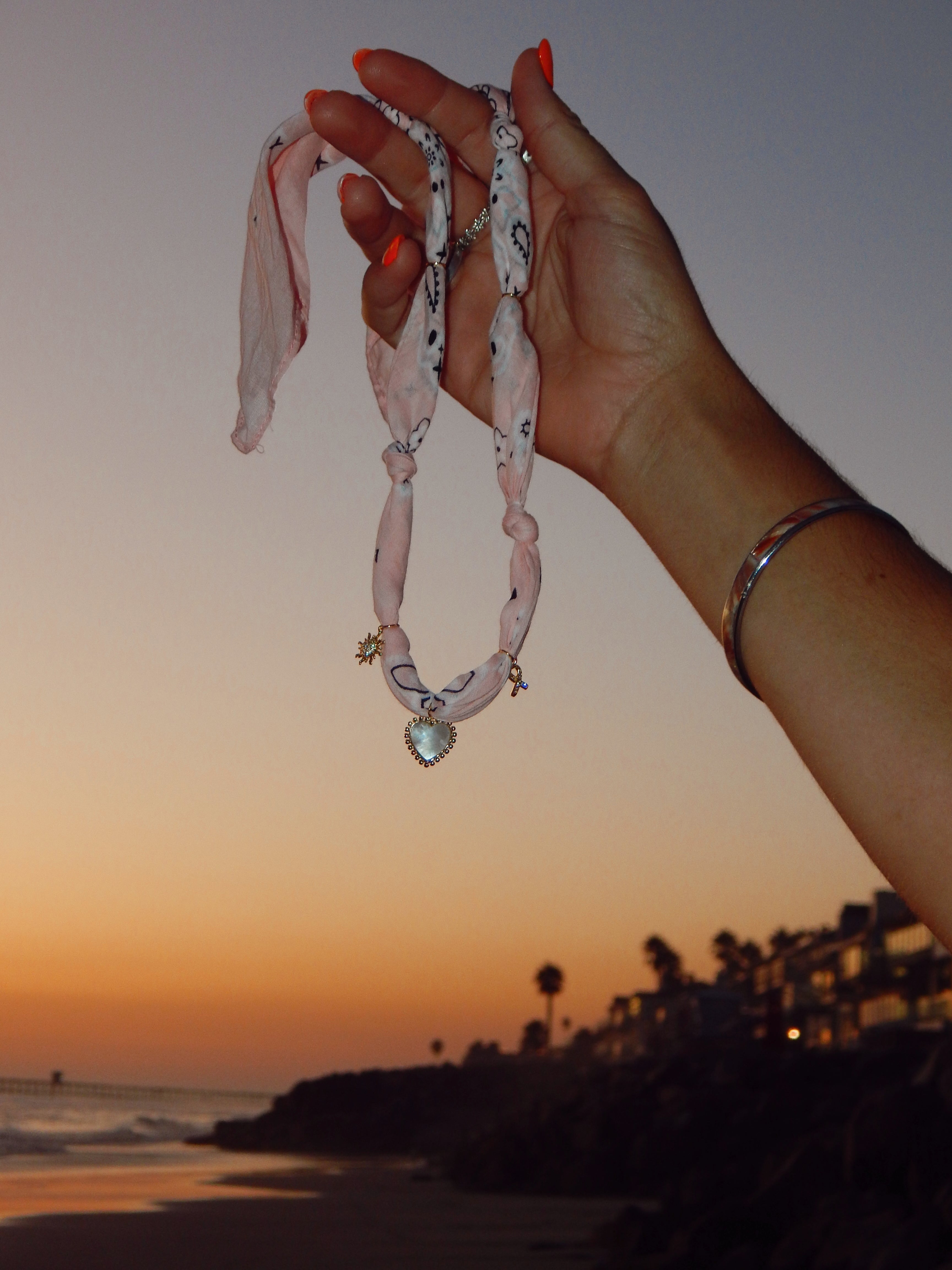Pink Sunrise Bandana Charm Necklace – Adjustable 20” Max | Mother of Pearl Heart & 18k Gold Accents