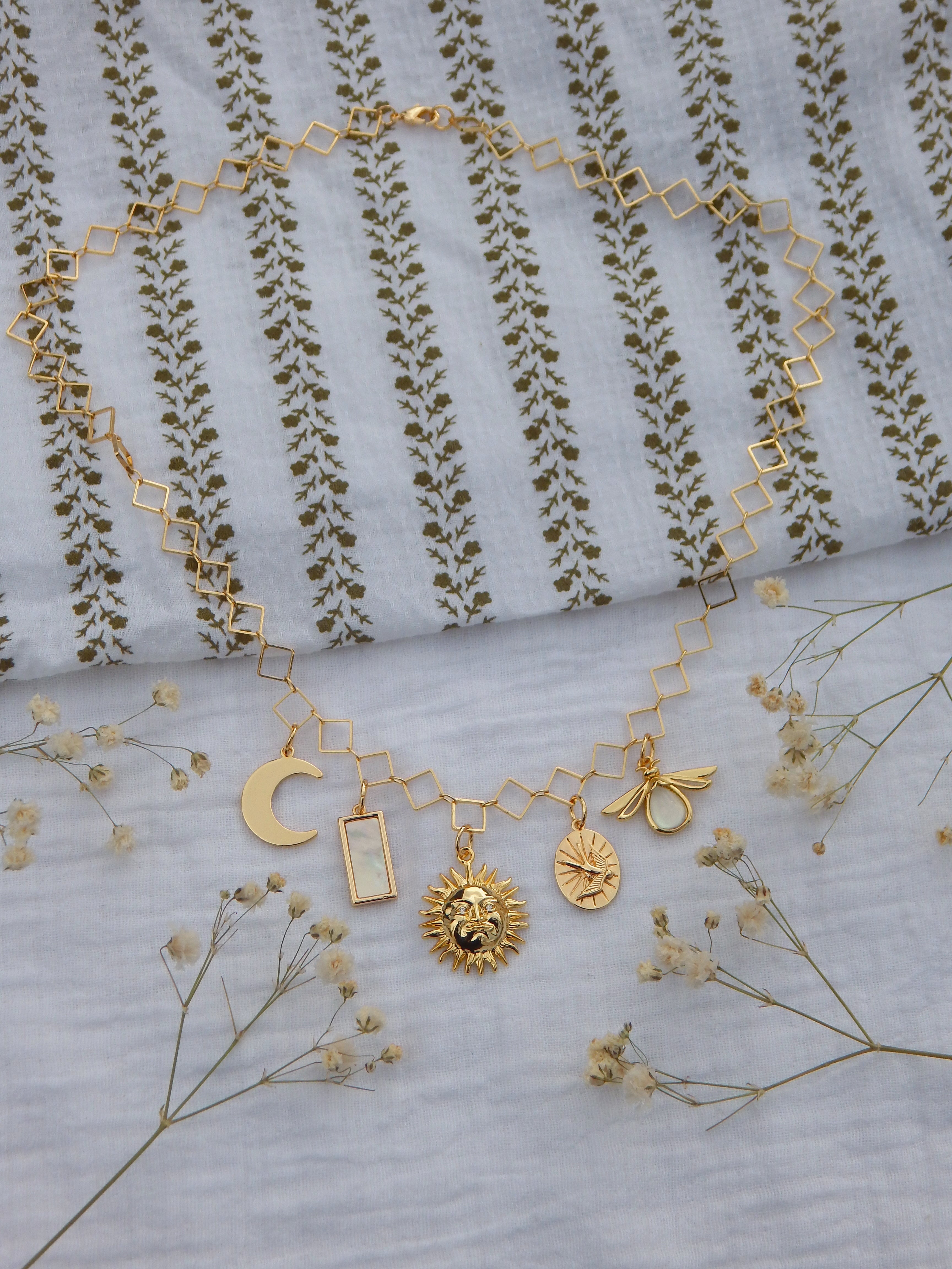 One-of-a-Kind Celestial Charm Necklace | Moon, Sun & Firefly Pendant | Mother of Pearl Rectangle | Dainty Diamond Chain | Gold Hypoallergenic Necklace