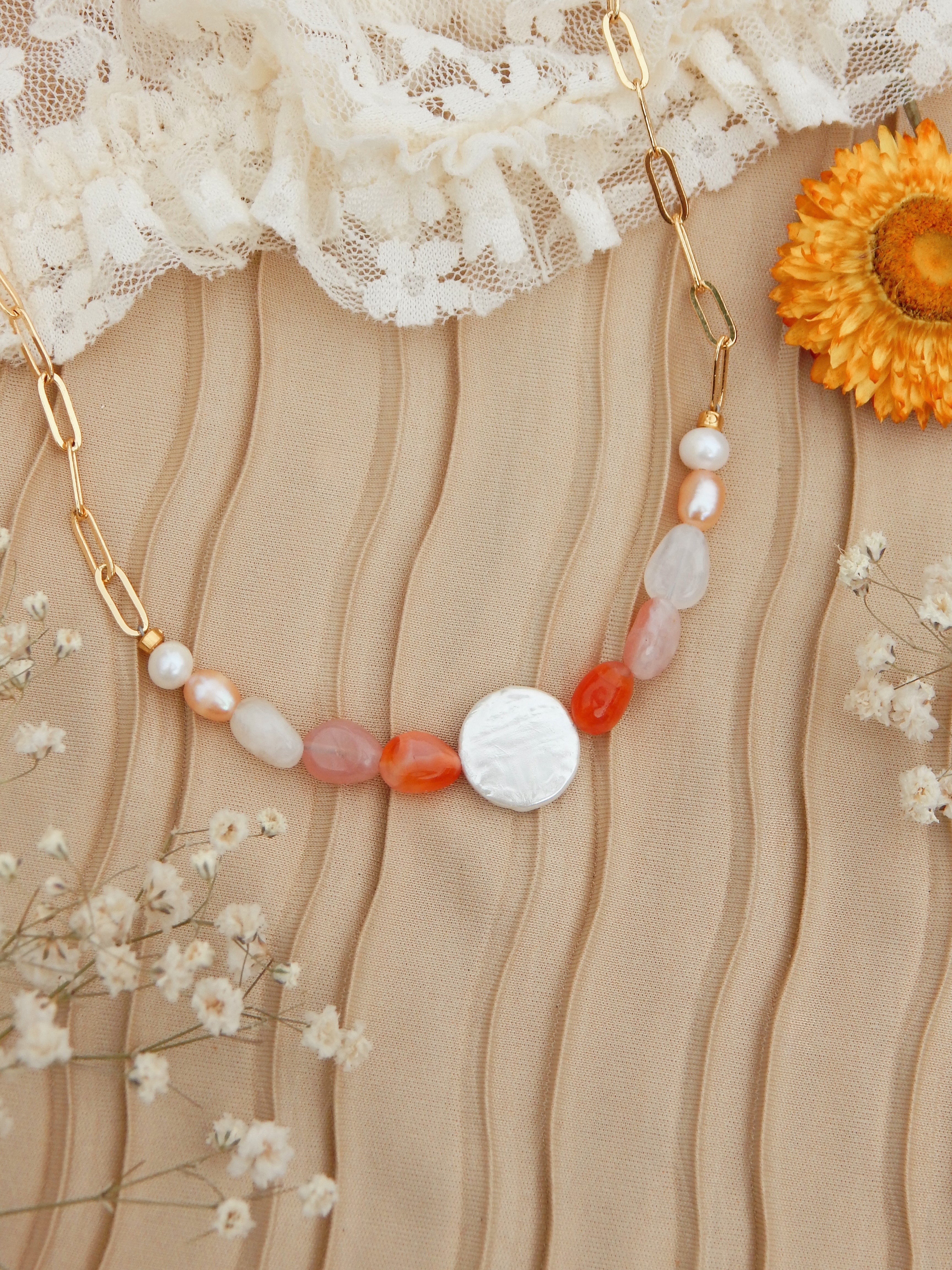 Sunset Soul Necklace – Gold Chain with Freshwater Pearls and Orange Pink Gemstones