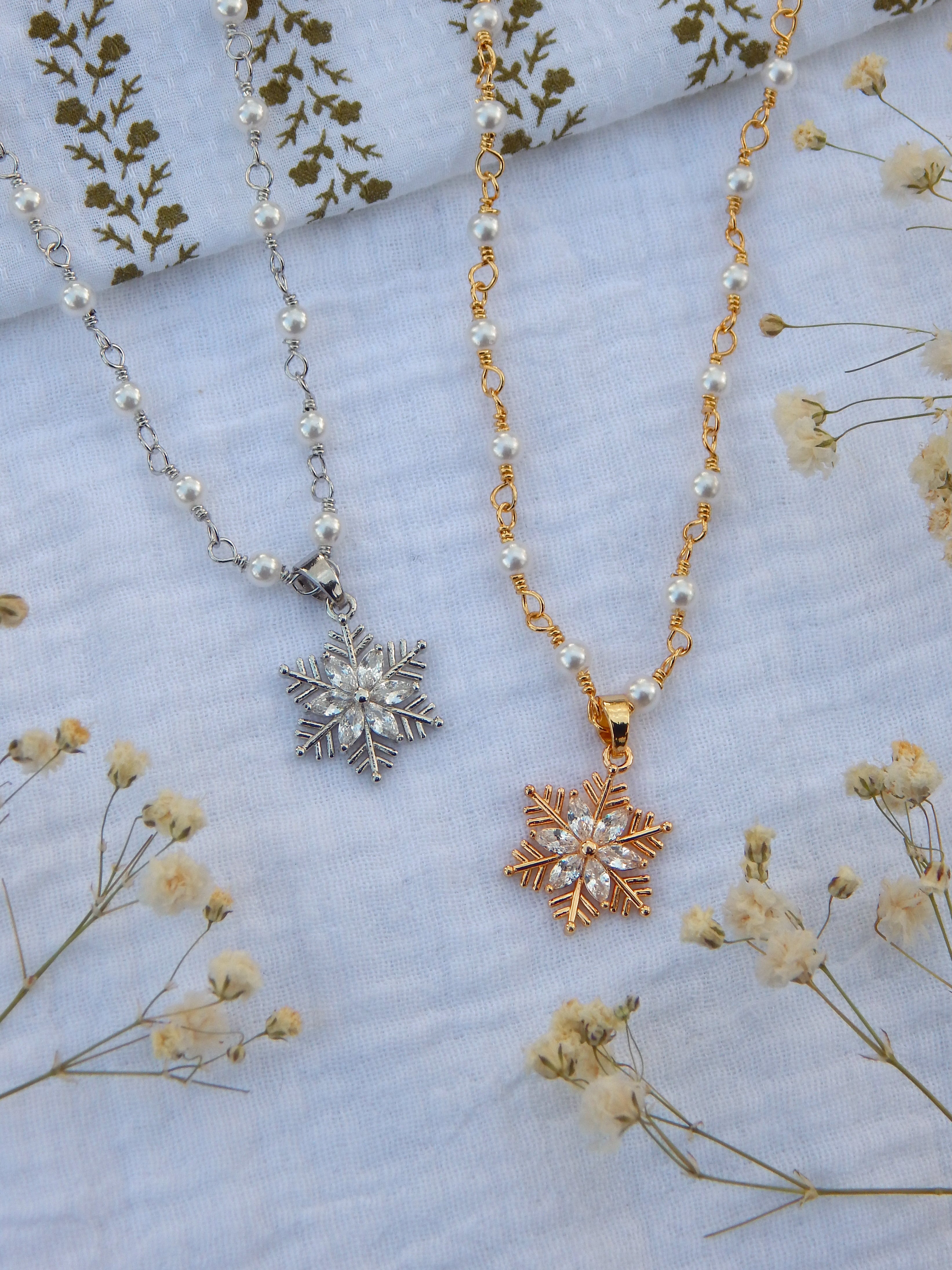 CZ Snowflake Pendant Necklace | Pearl Chain Winter Necklace | Dainty Hypoallergenic Christmas Jewelry