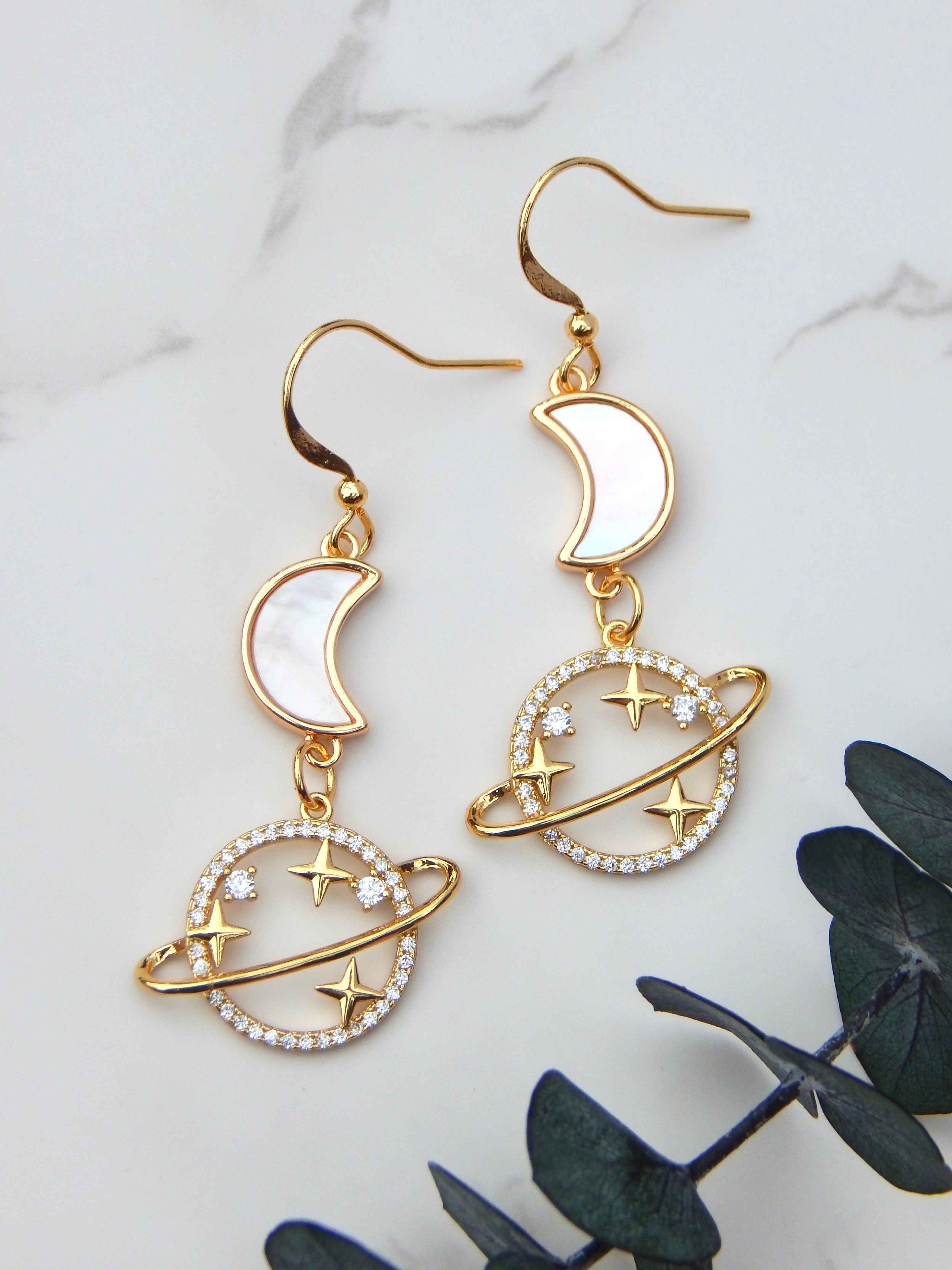 Saturn Moon Earrings – Celestial Dangles in Silver or Gold