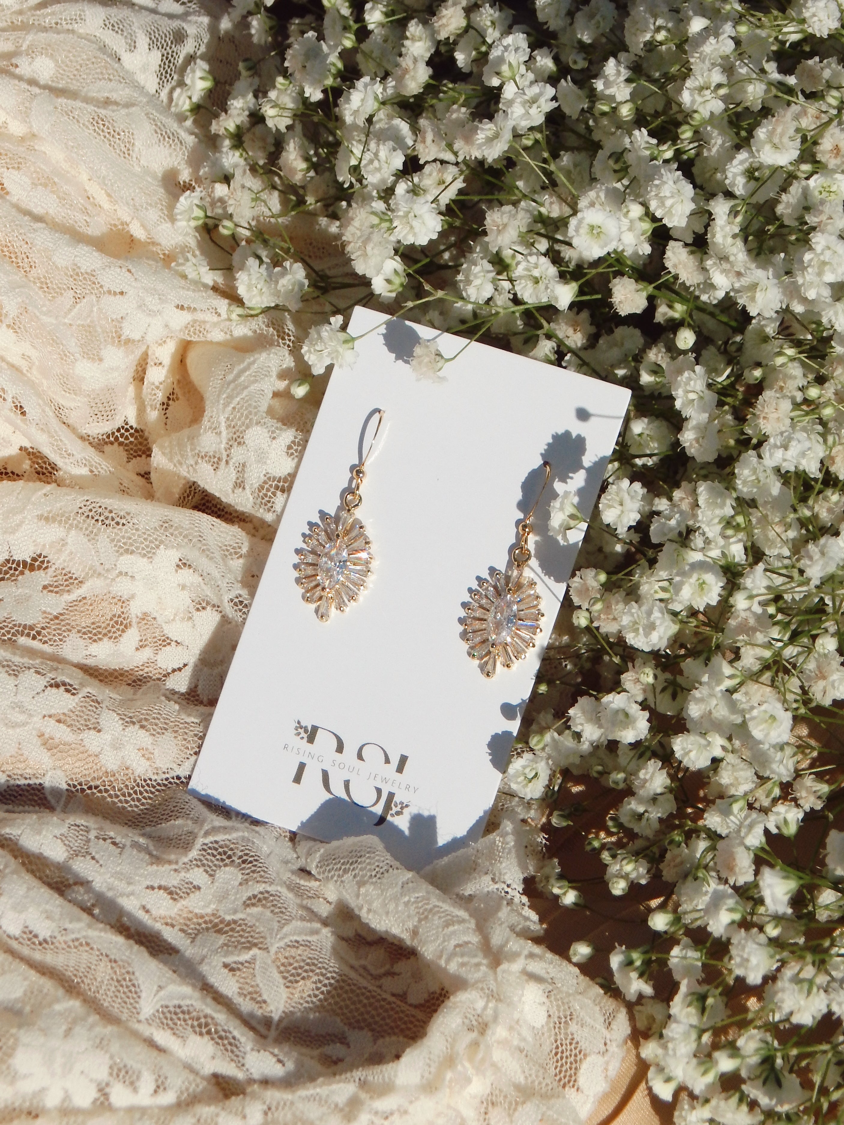 Ophelia Earrings – Gold Elongated Sunburst Drop Earrings with Cubic Zirconia