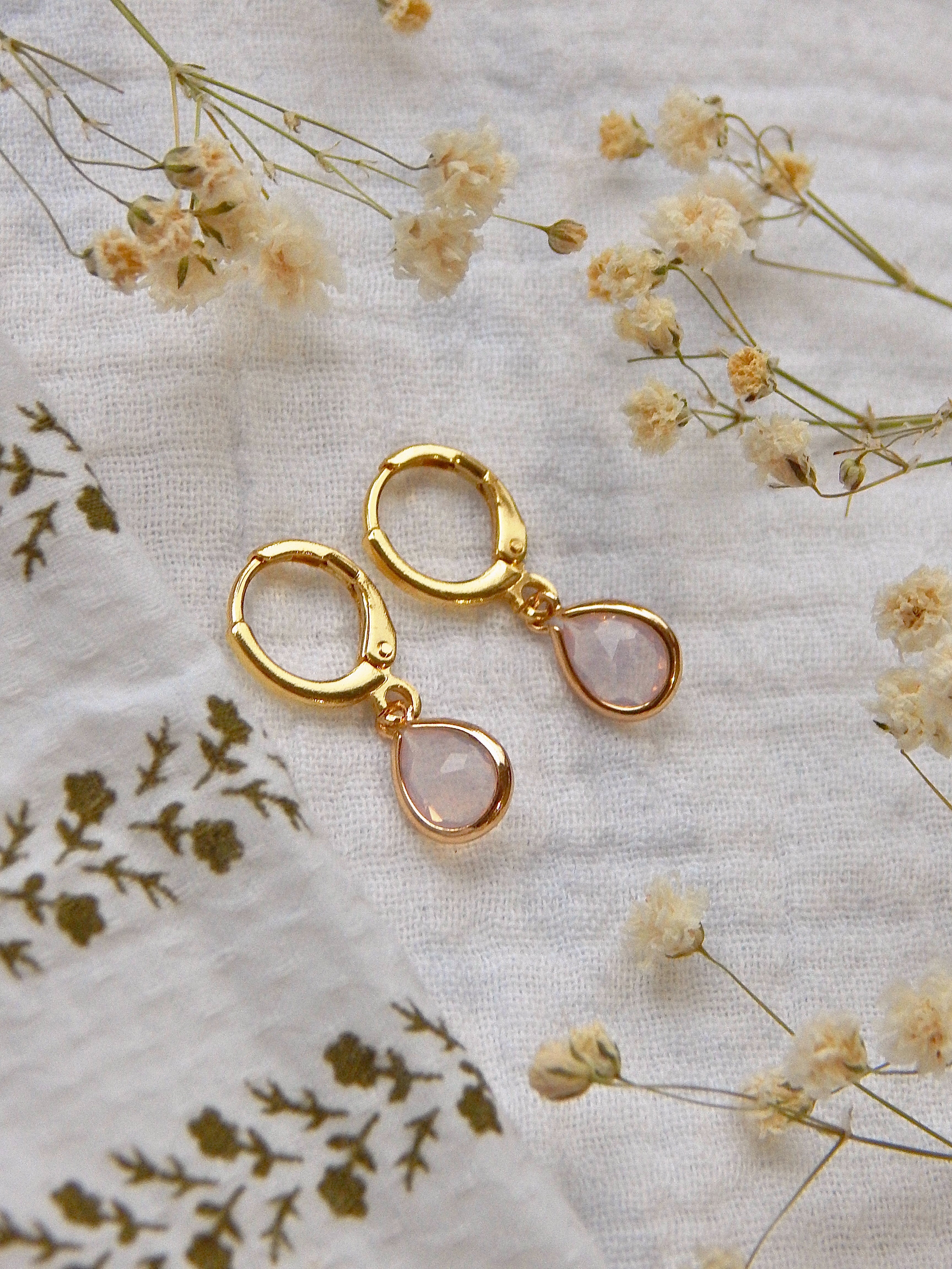 Opal Pink Glass Teardrop Huggie Earrings – Hardened Glass Drop Hoops | Lightweight Hypoallergenic Gold Jewelry