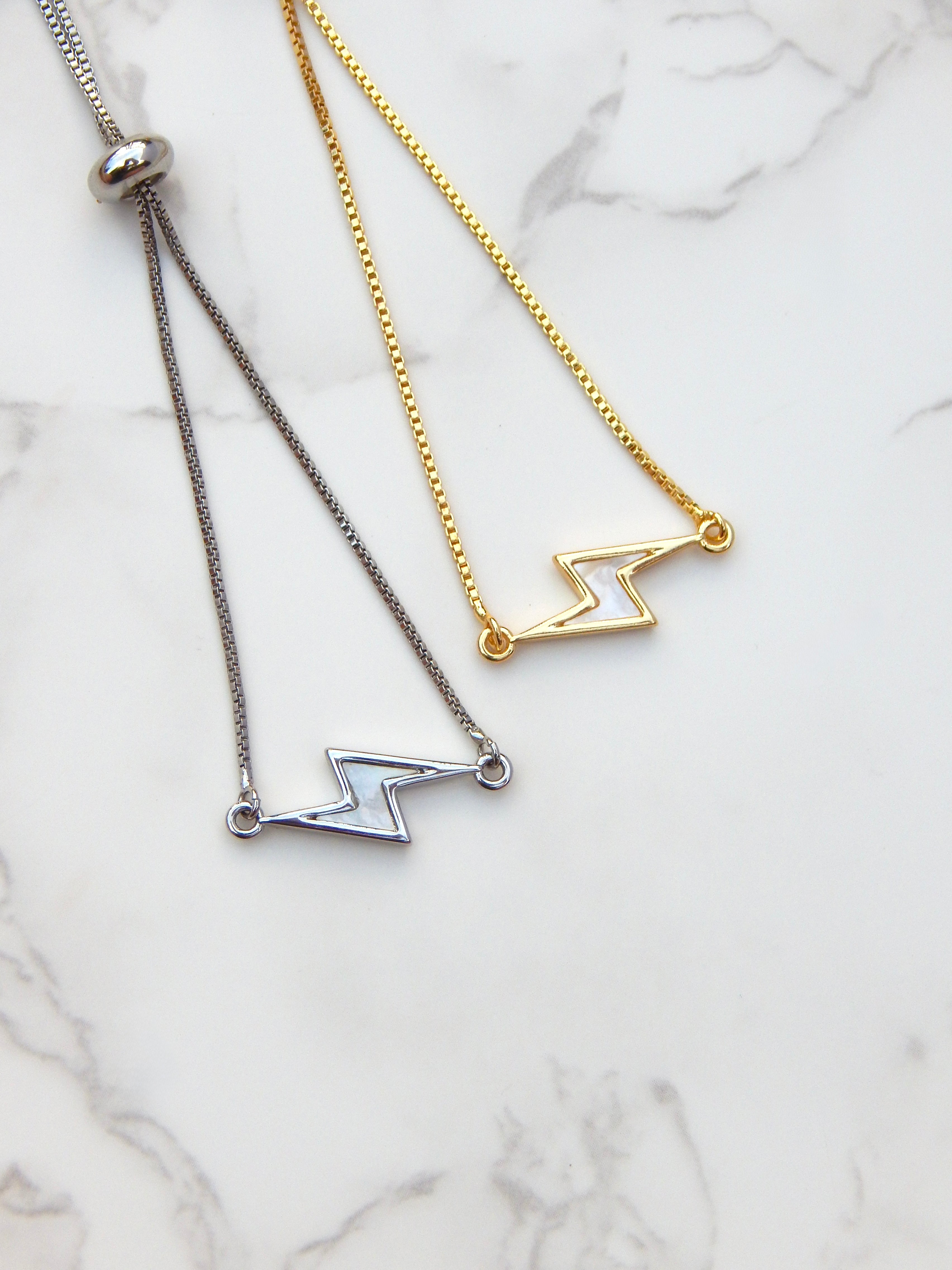 Bolt Bracelet – Dainty Adjustable Gold or Silver Mother of Pearl Lightning Charm