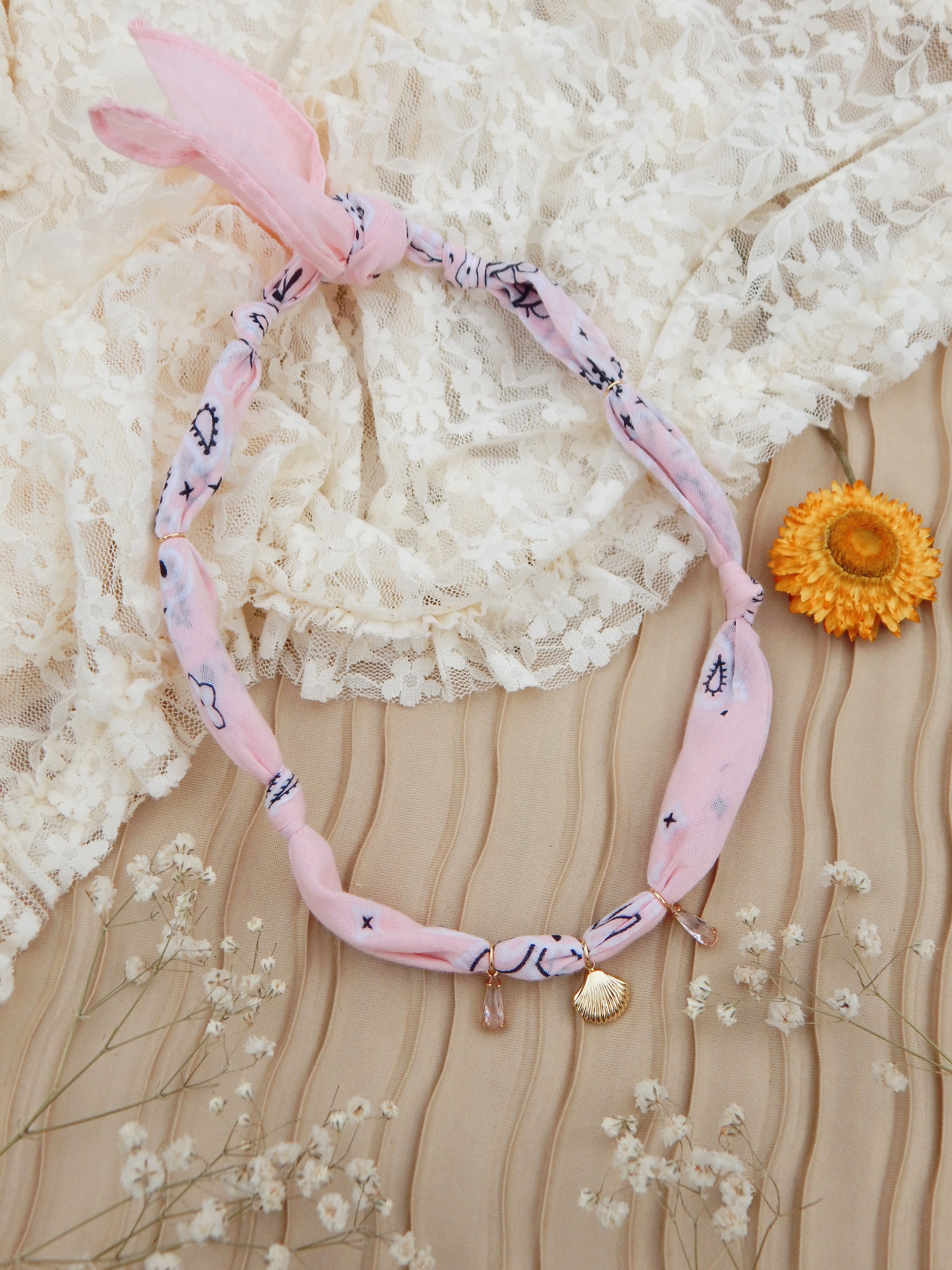 Sea of Light Bandana Charm Necklace – Adjustable 20” Max | 18k Gold Shell & Lucite Drops