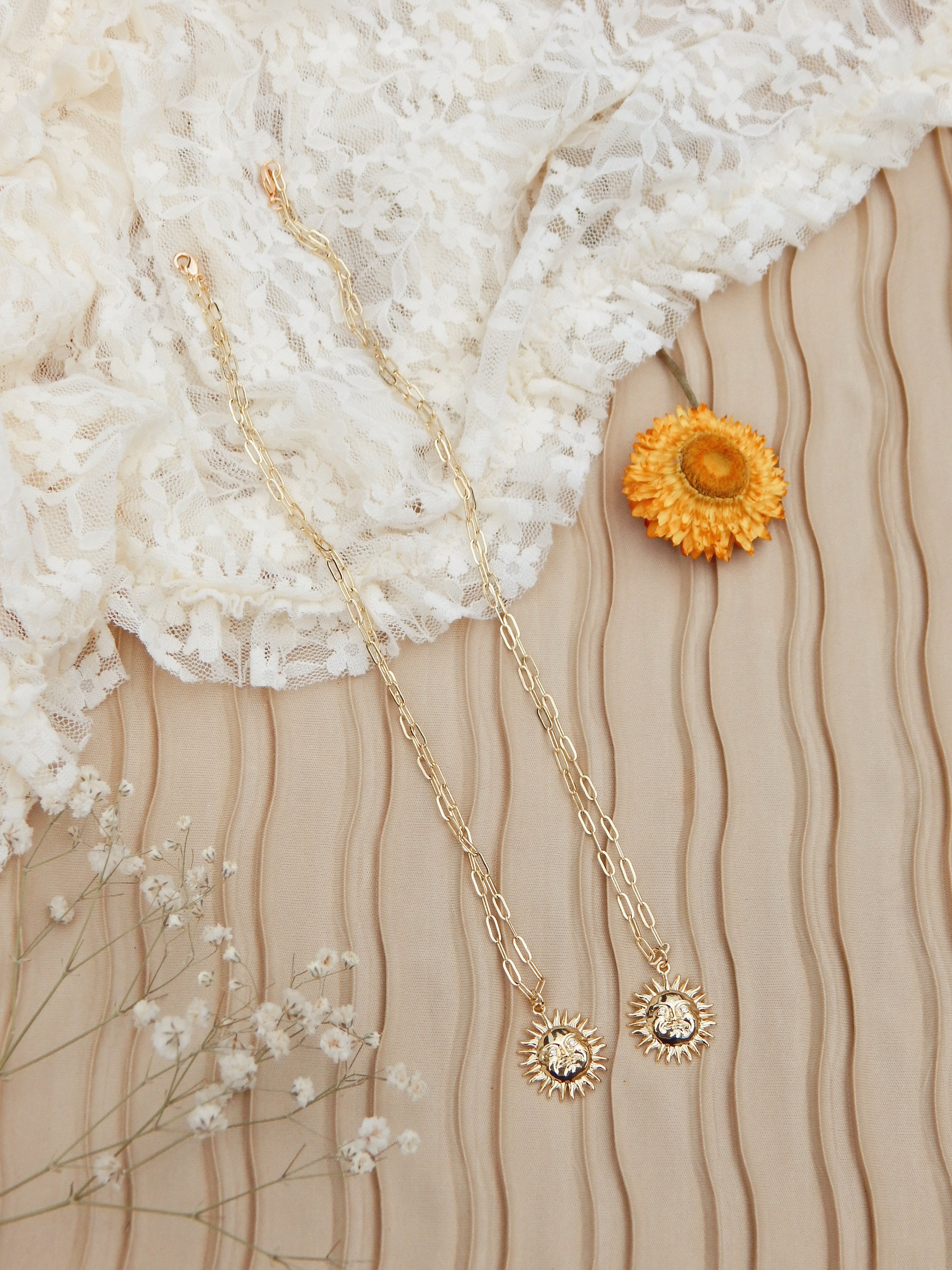 Celestial Sun Paperclip Necklace – 18k Gold Plated with Cubic Zirconia Eyes (16” & 18”)