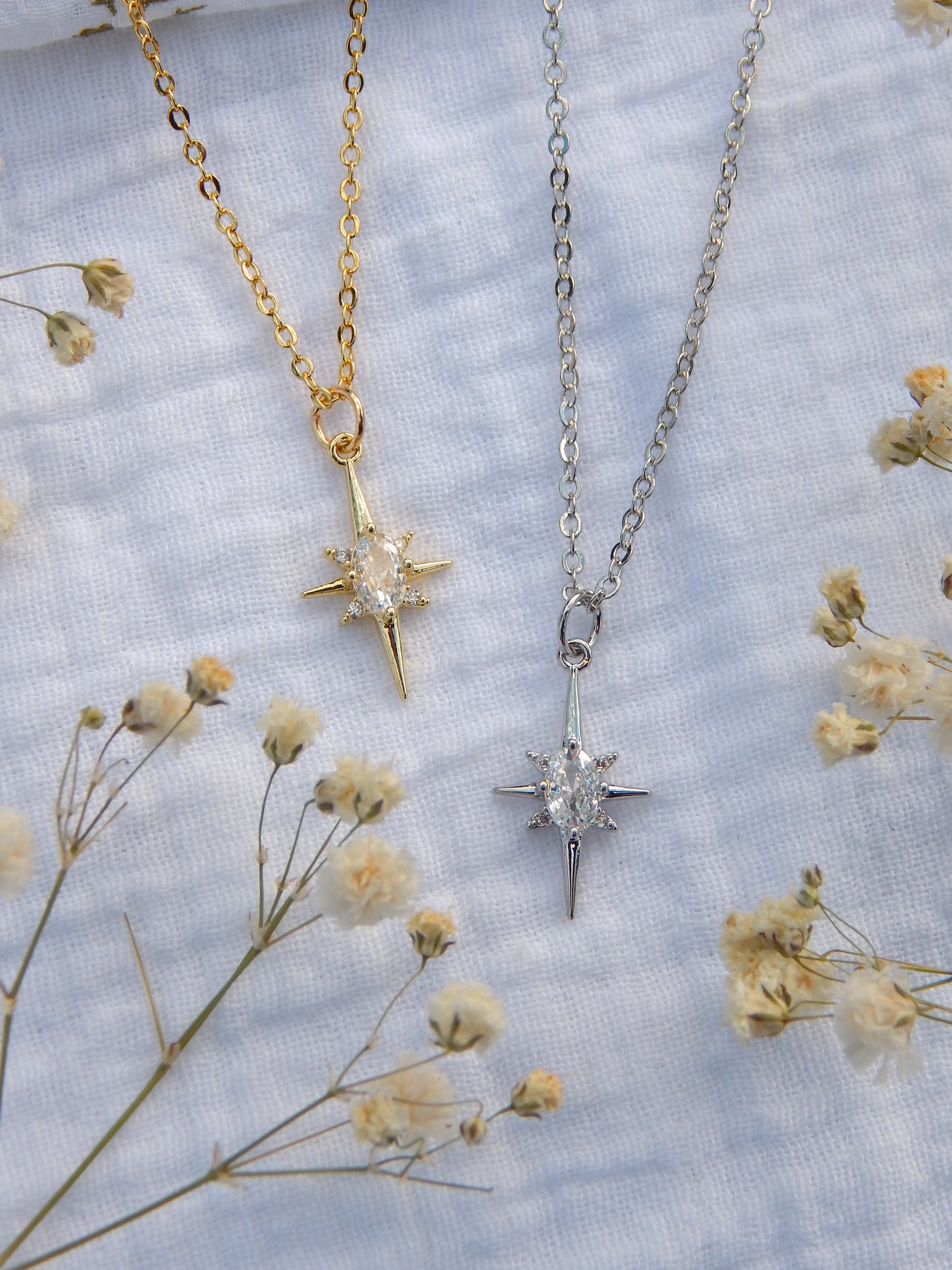 CZ North Star Pendant Necklace | Gold or Silver Starburst Necklace | Dainty Hypoallergenic Celestial Jewelry