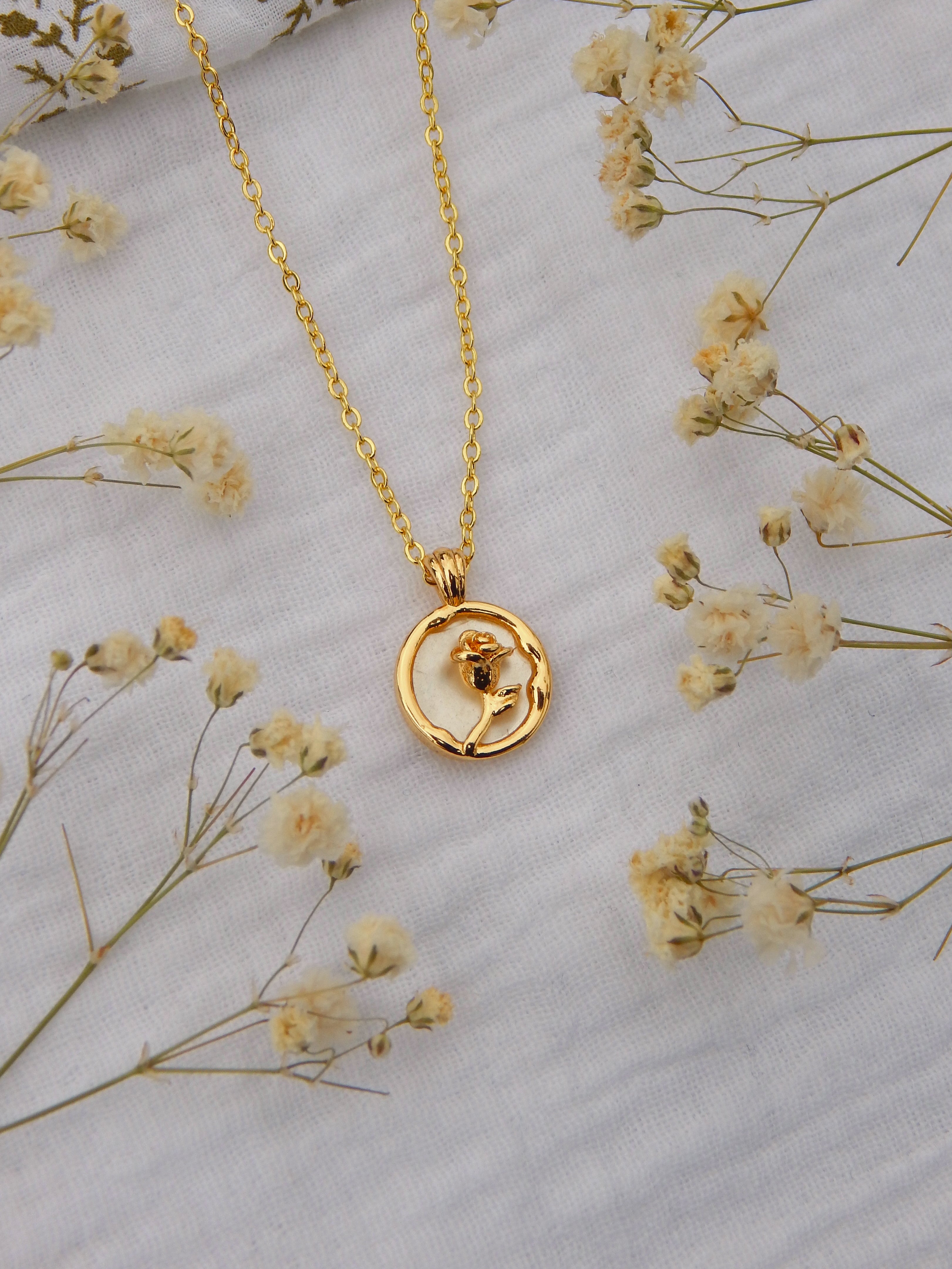 Golden Rose Mother of Pearl Necklace — Dainty Floral Pendant | Hypoallergenic, Tarnish-Resistant