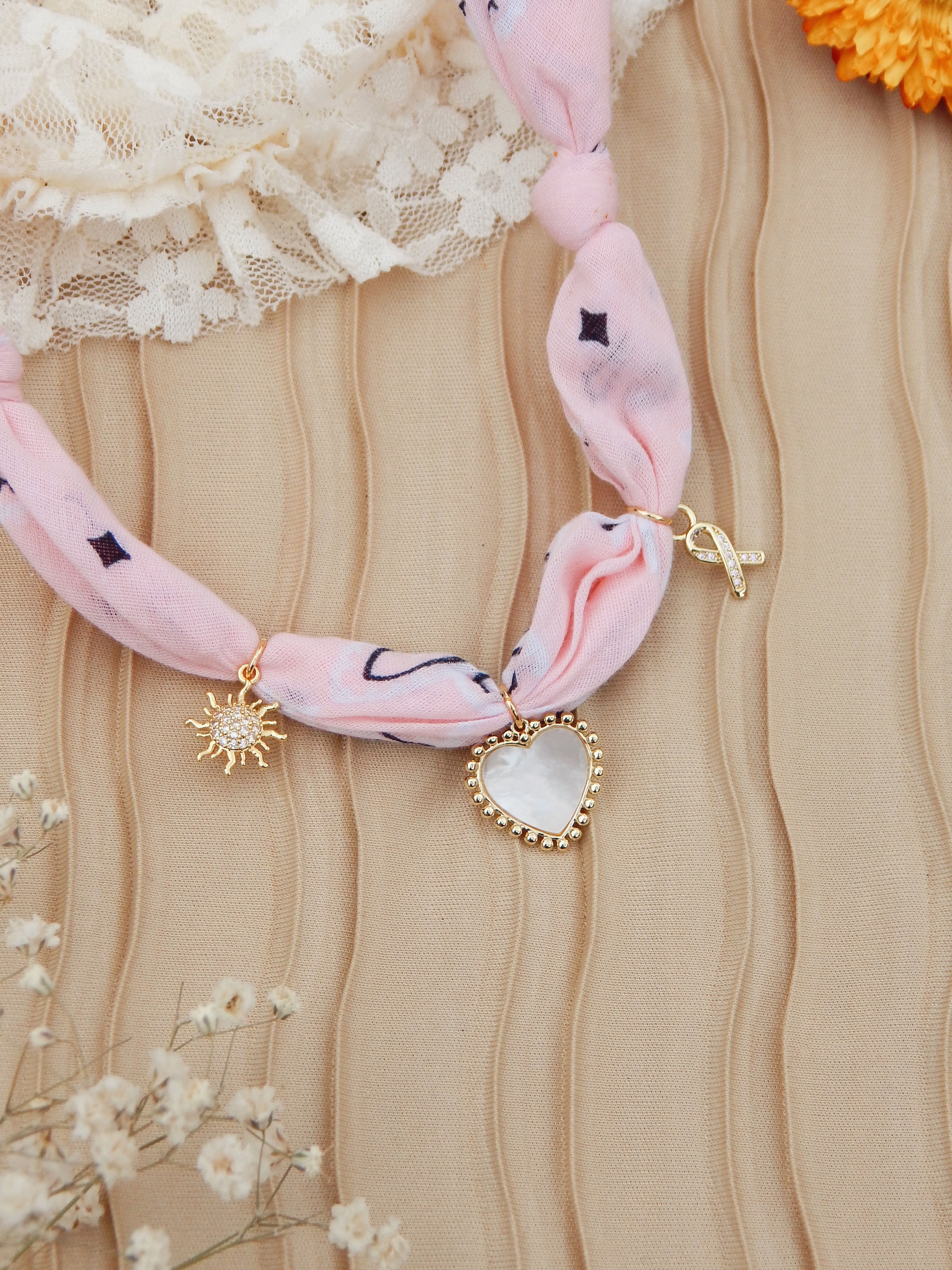 Pink Sunrise Bandana Charm Necklace – Adjustable 20” Max | Mother of Pearl Heart & 18k Gold Accents