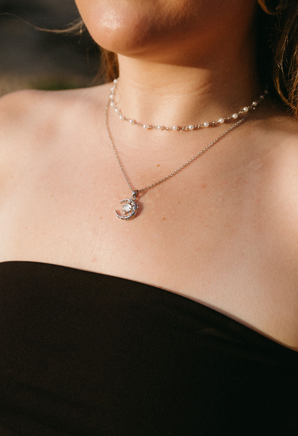 Cosmos Glow Necklace – Sun, Moon & Crystal Pendant in Silver or Gold